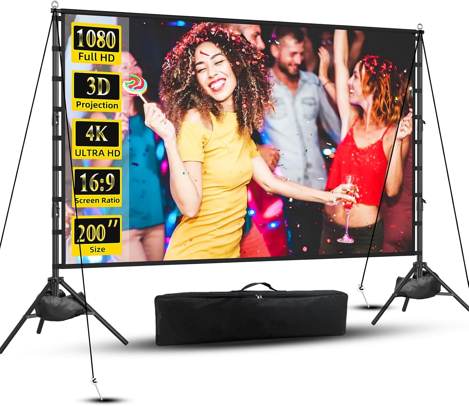 200 Inch Portable Projection Screen with Stand, Dual-Sided HD Display, Wrinkle-Resistant Screen, Quick Setup Frame, Indoor Outdoor Movie Screen for Home Theater, Camping and Events