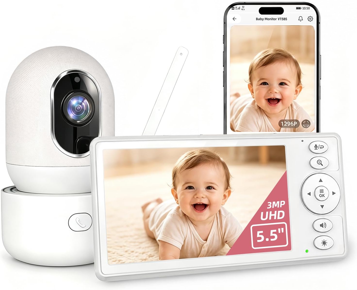Smart Baby Monitor with Camera and Audio, 5 Inch HD Display, Remote Pan Tilt Zoom, Night Vision, Two-Way Talk, Temperature Monitoring, Secure Wireless Connection for Nursery Monitoring