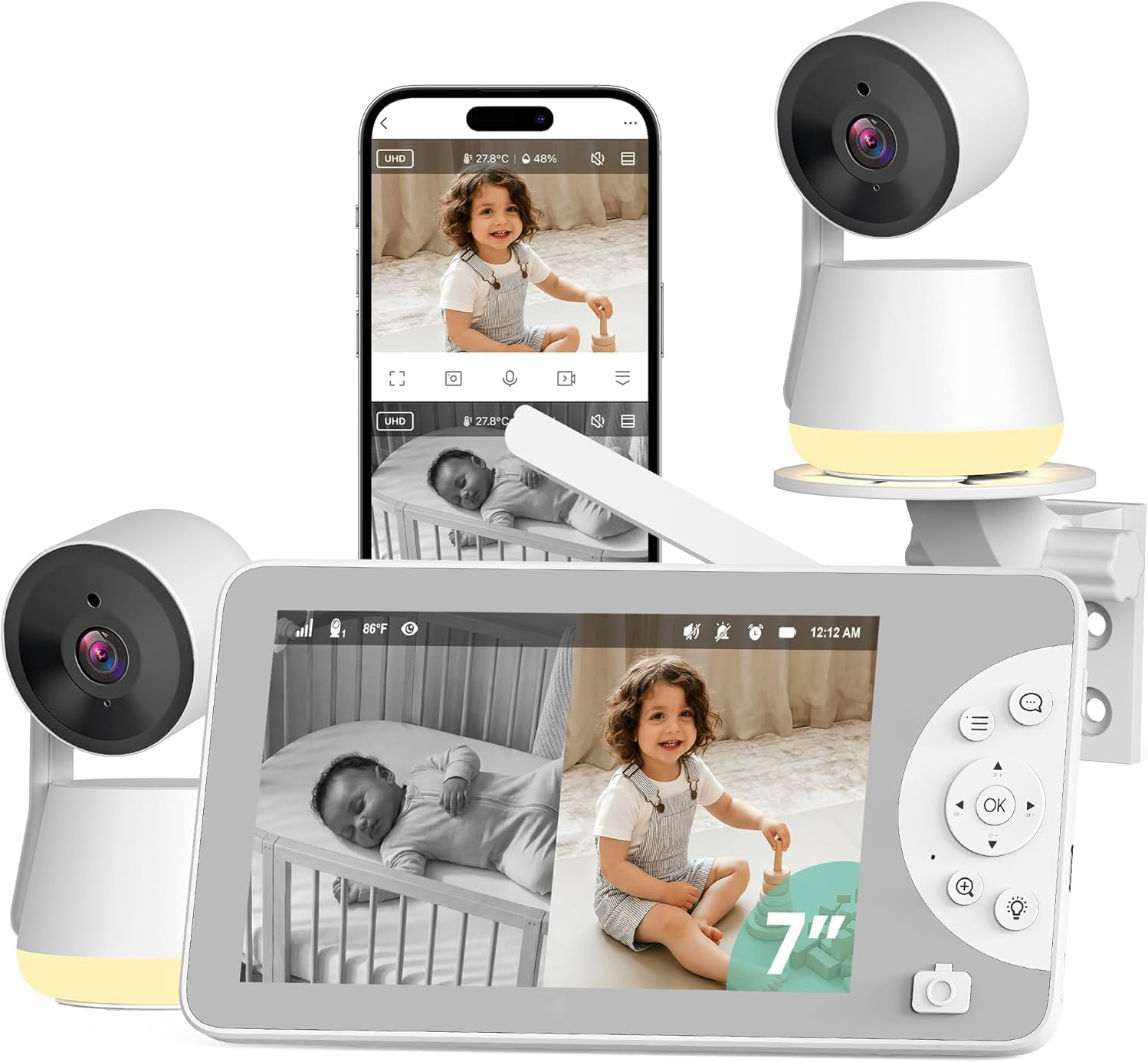 Smart Baby Monitor with 2K Camera, 5 Inch HD Display, Pan Tilt Zoom, Night Vision, Motion Detection, Two-Way Audio, Temperature Monitoring, Remote App Access for Nursery Monitoring