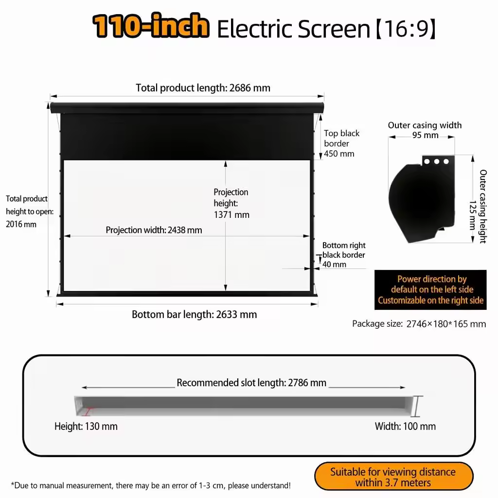 110 Inch Motorized Projection Screen, Ambient Light Rejecting Display, Electric Retractable Design, Tensioned Viewing Surface, Remote Control, Wall & Ceiling Installation for Home Theater and Conference Room