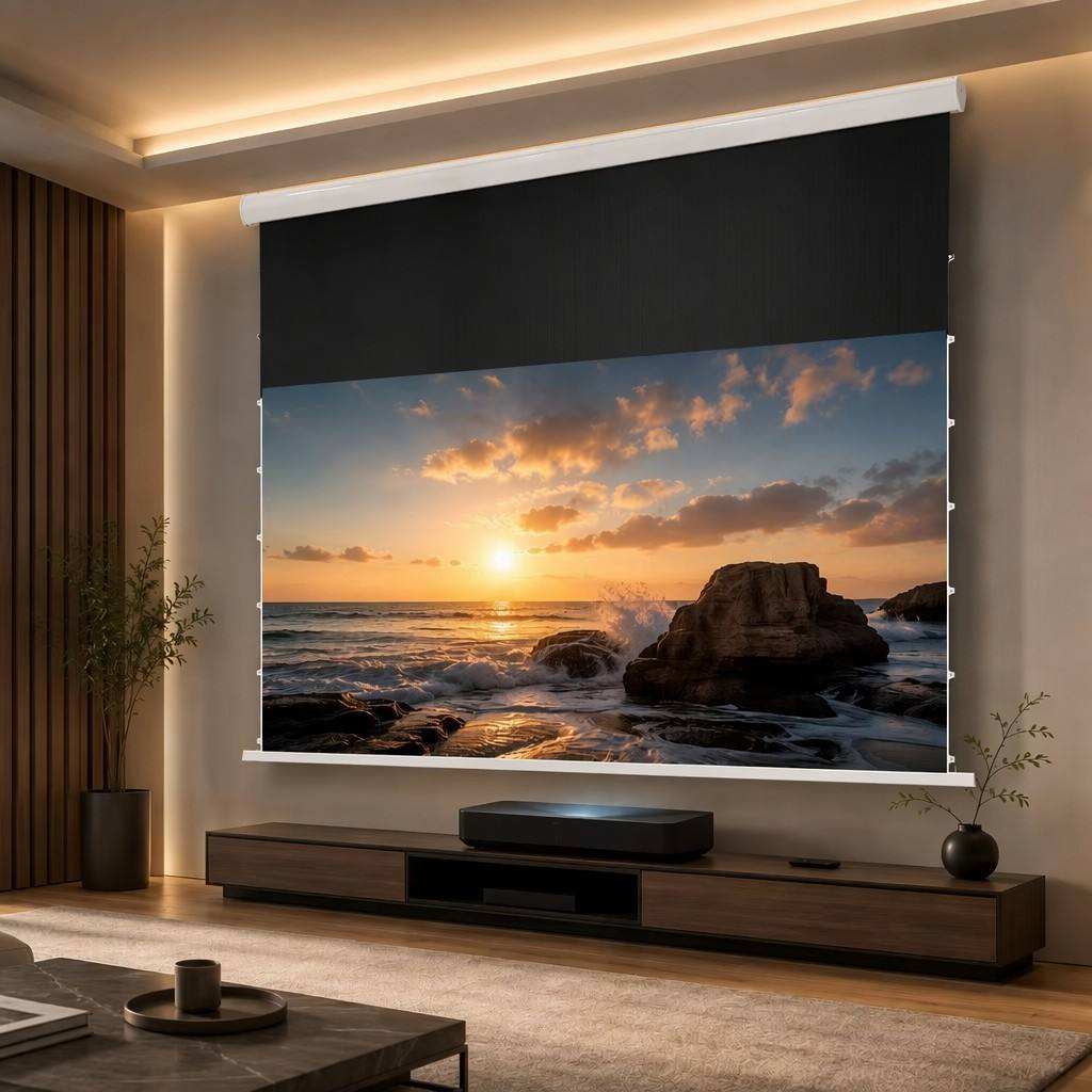 110 Inch Motorized Projection Screen, Ambient Light Rejecting Display, Electric Retractable Design, Tensioned Viewing Surface, Remote Control, Wall & Ceiling Installation for Home Theater and Conference Room