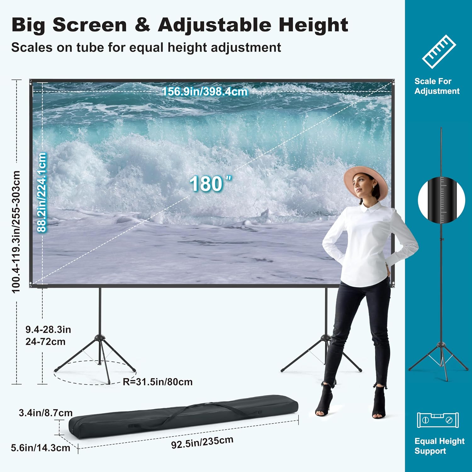 180 Inch Portable Projector Screen with Stand, HD 16:9 Movie Screen, Wrinkle-Resistant Projection Surface, Adjustable Tripod Frame, Easy Setup, Indoor Outdoor Home Theater & Backyard Entertainment