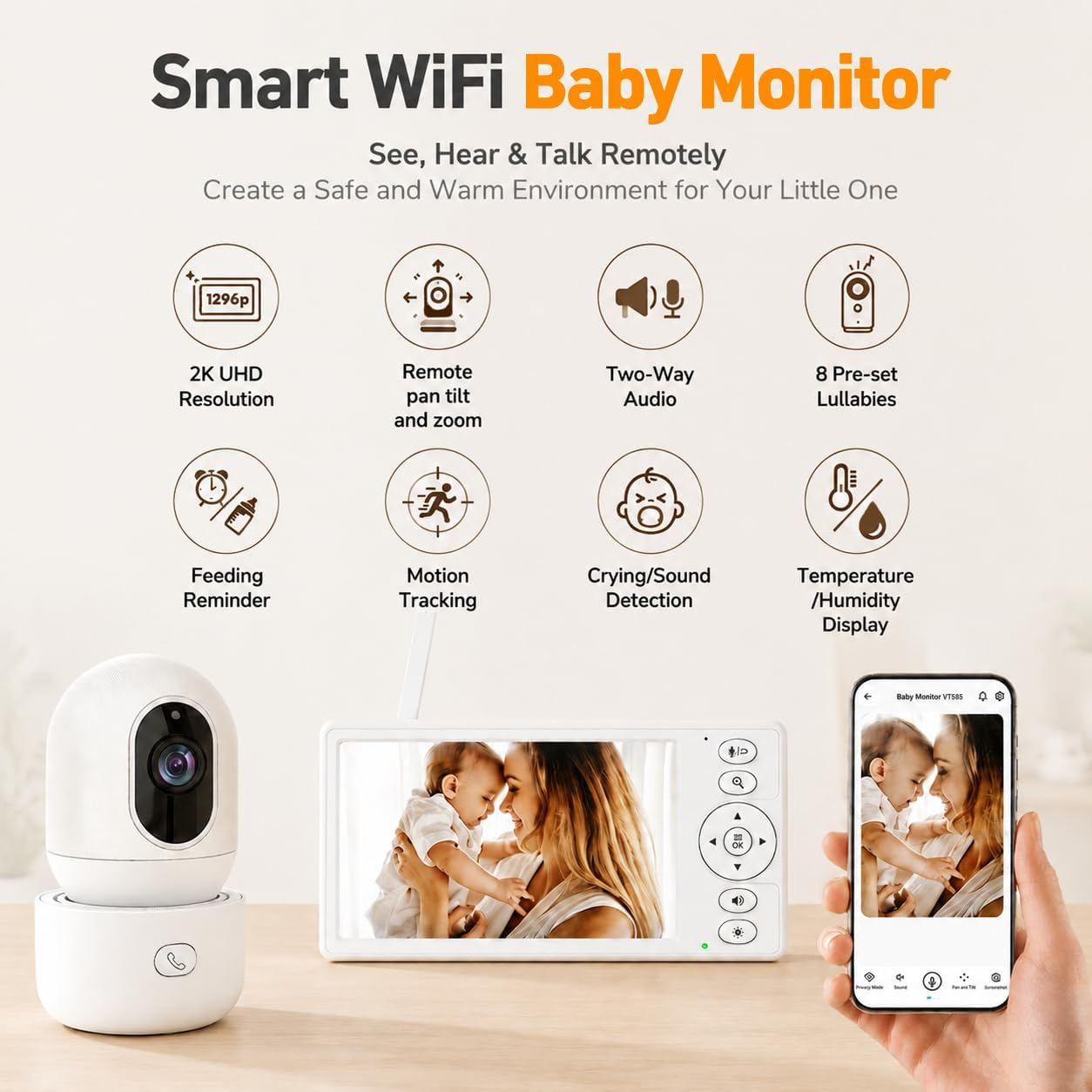 Smart Baby Monitor with Camera and Audio, 5 Inch HD Display, Remote Pan Tilt Zoom, Night Vision, Two-Way Talk, Temperature Monitoring, Secure Wireless Connection for Nursery Monitoring