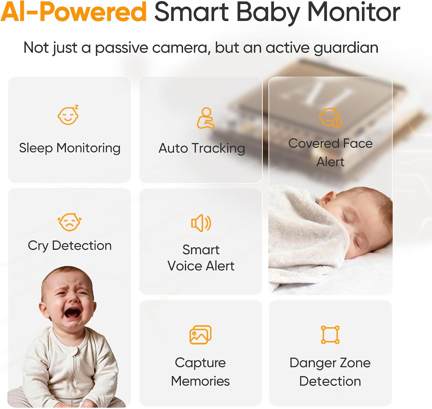 Smart Baby Monitor with 4K HD Camera, Night Vision, Motion & Sound Detection, Two-Way Audio, Mobile App Remote Viewing, Secure Local Storage for Nursery Monitoring