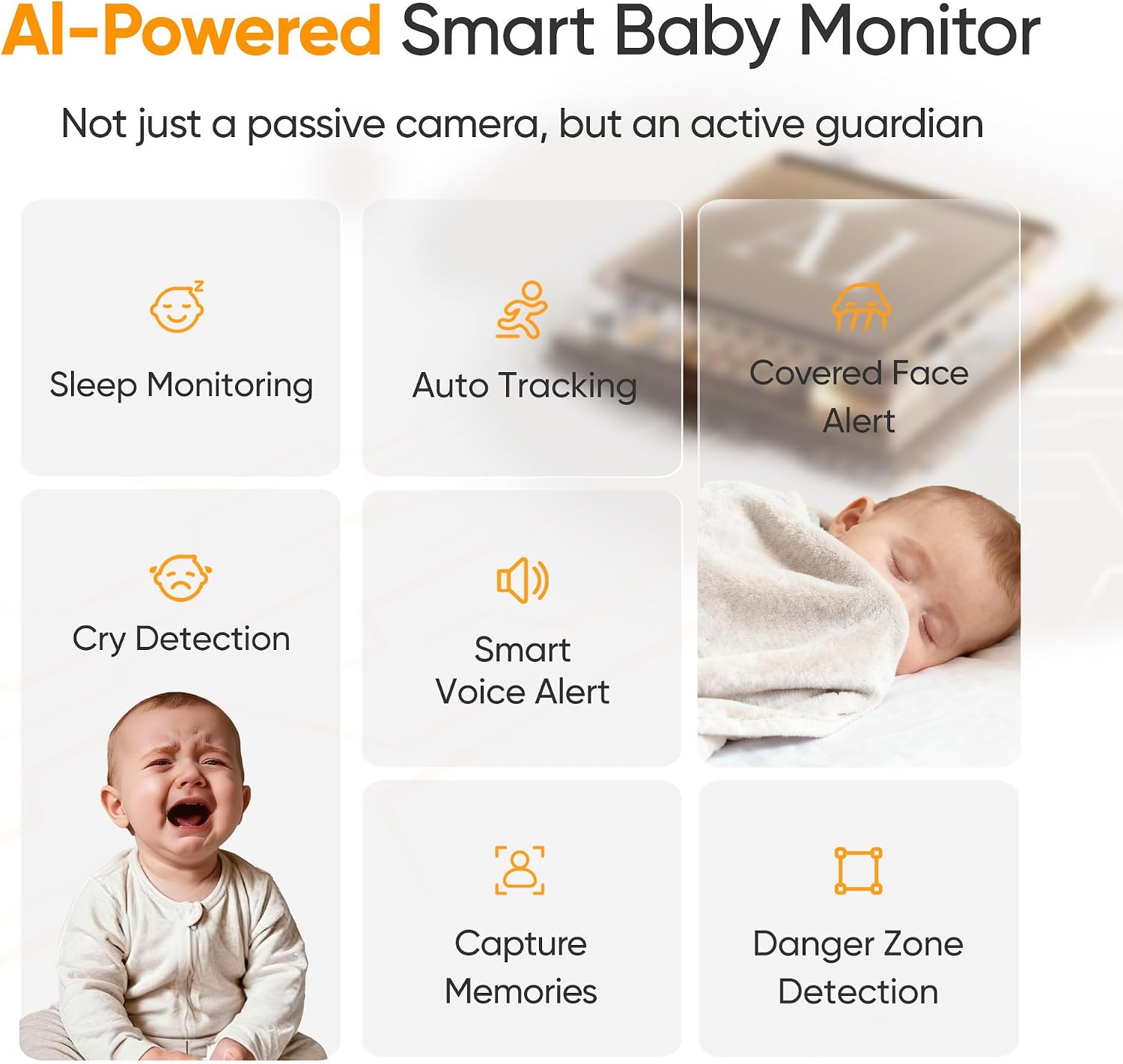 Smart Baby Monitor with 3K HD Camera, Night Vision, Motion & Sound Detection, Auto Tracking, Two-Way Audio, Mobile App Remote Viewing, Secure Local Storage for Nursery Monitoring