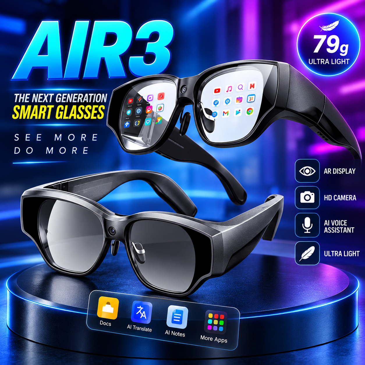 Wireless AI AR Smart Glasses 8+128GB Memory Full-color 1080P Display AI Voice Assistant Game