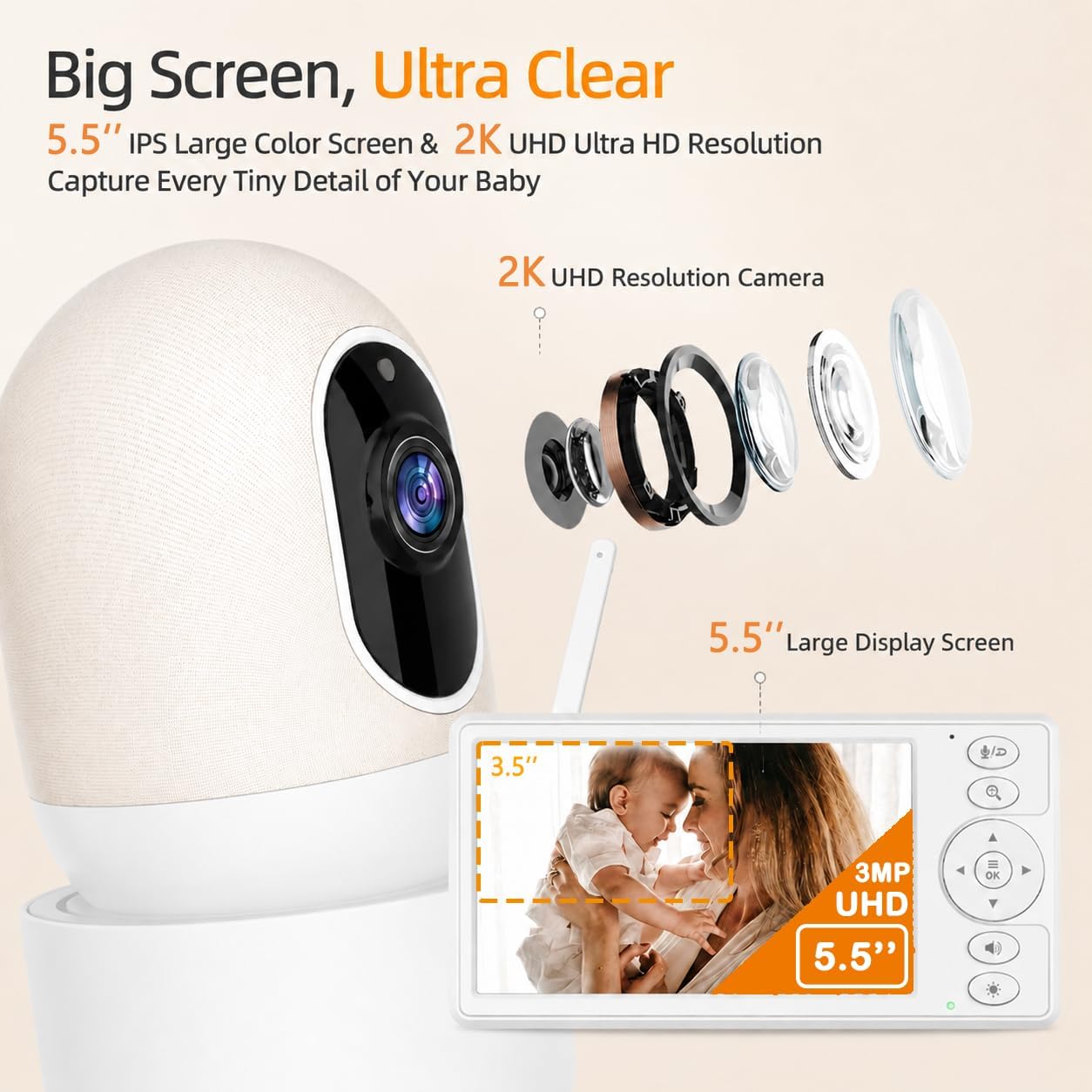 Smart Baby Monitor with Camera and Audio, 5 Inch HD Display, Remote Pan Tilt Zoom, Night Vision, Two-Way Talk, Temperature Monitoring, Secure Wireless Connection for Nursery Monitoring