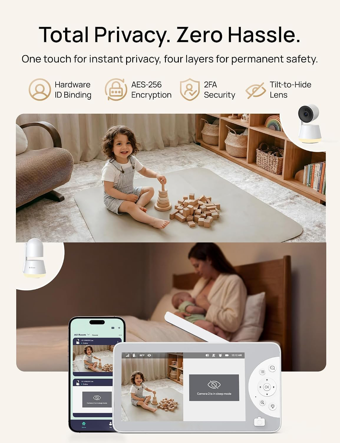 Smart Baby Monitor with 2K Camera, 5 Inch HD Display, Pan Tilt Zoom, Night Vision, Motion Detection, Two-Way Audio, Temperature Monitoring, Remote App Access for Nursery Monitoring