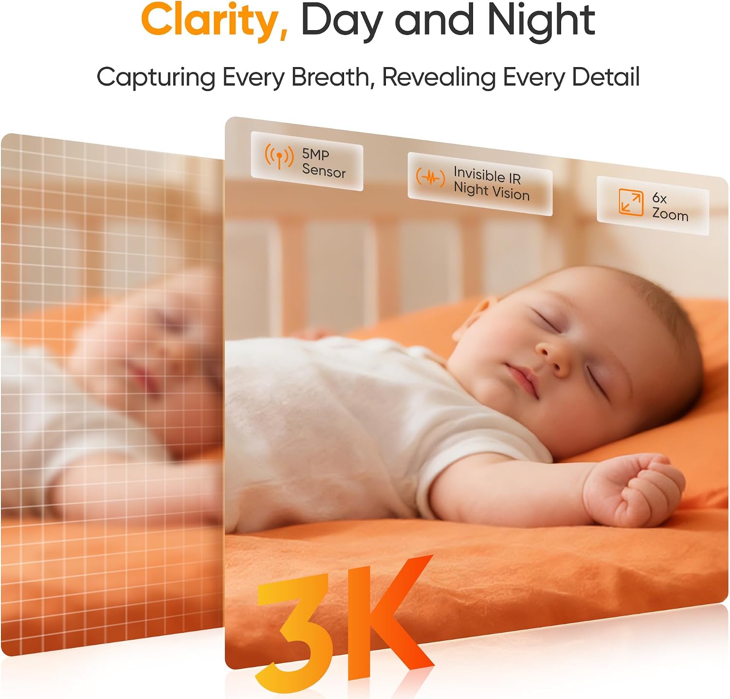 Smart Baby Monitor with 3K HD Camera, Night Vision, Motion & Sound Detection, Auto Tracking, Two-Way Audio, Mobile App Remote Viewing, Secure Local Storage for Nursery Monitoring