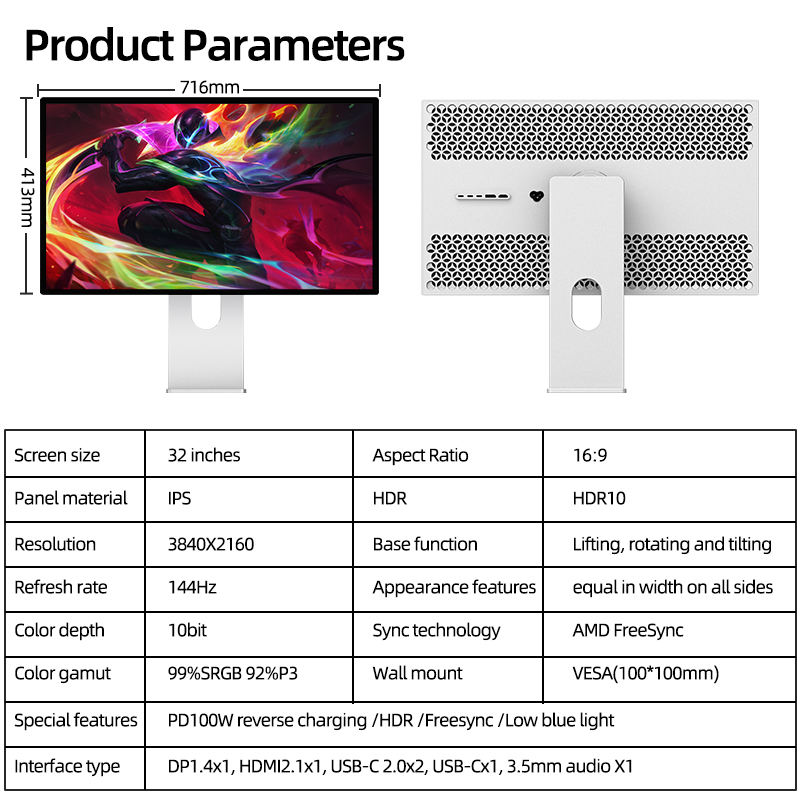 32 Inch 4k 144hz Screen Display With Bracket 1000:1 Contrast Ratio 0.184mm Dot Pitch Desktop Computer Monitor 