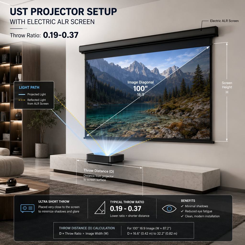 110 Inch Motorized Projection Screen, Ambient Light Rejecting Display, Electric Retractable Design, Tensioned Viewing Surface, Remote Control, Wall & Ceiling Installation for Home Theater and Conference Room
