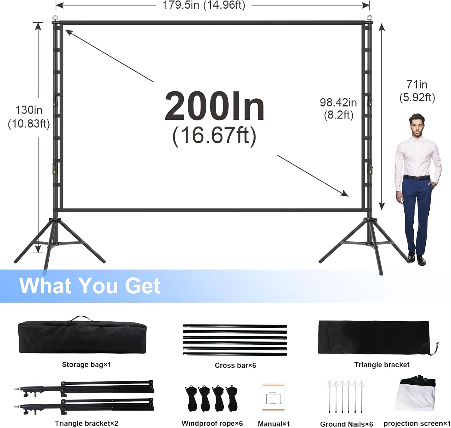 200 Inch Portable Projection Screen with Stand, Dual-Sided HD Display, Wrinkle-Resistant Screen, Quick Setup Frame, Indoor Outdoor Movie Screen for Home Theater, Camping and Events