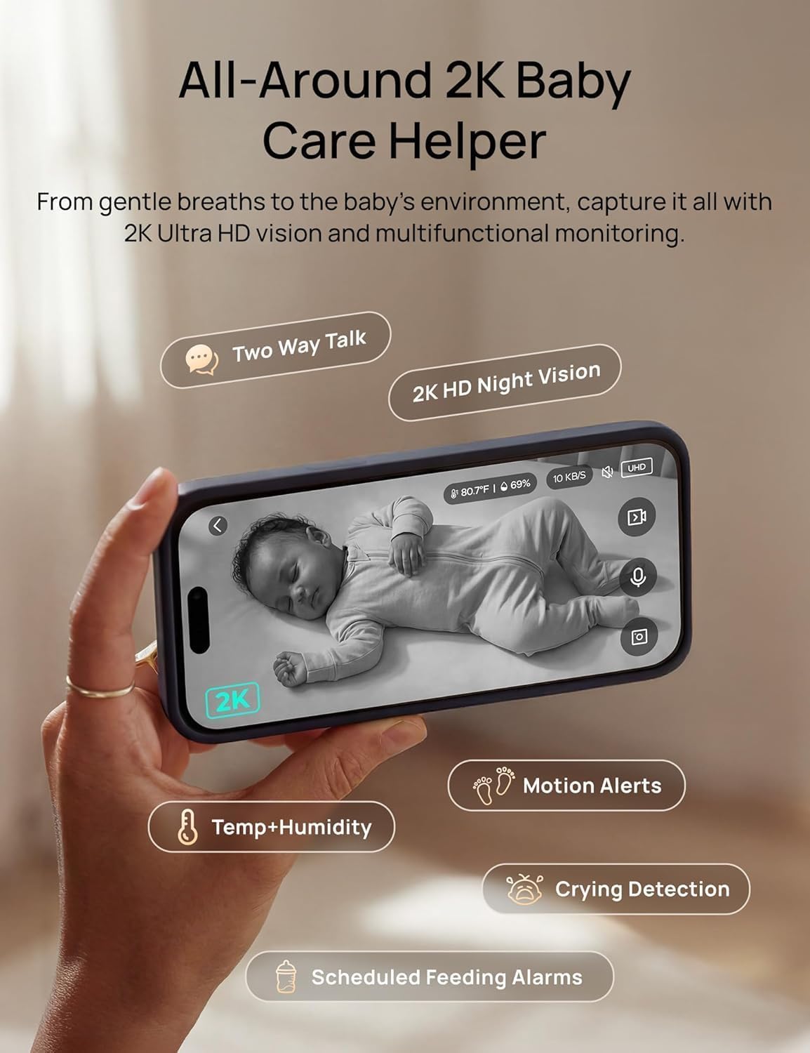 Smart Baby Monitor with 2K Camera, 5 Inch HD Display, Pan Tilt Zoom, Night Vision, Motion Detection, Two-Way Audio, Temperature Monitoring, Remote App Access for Nursery Monitoring