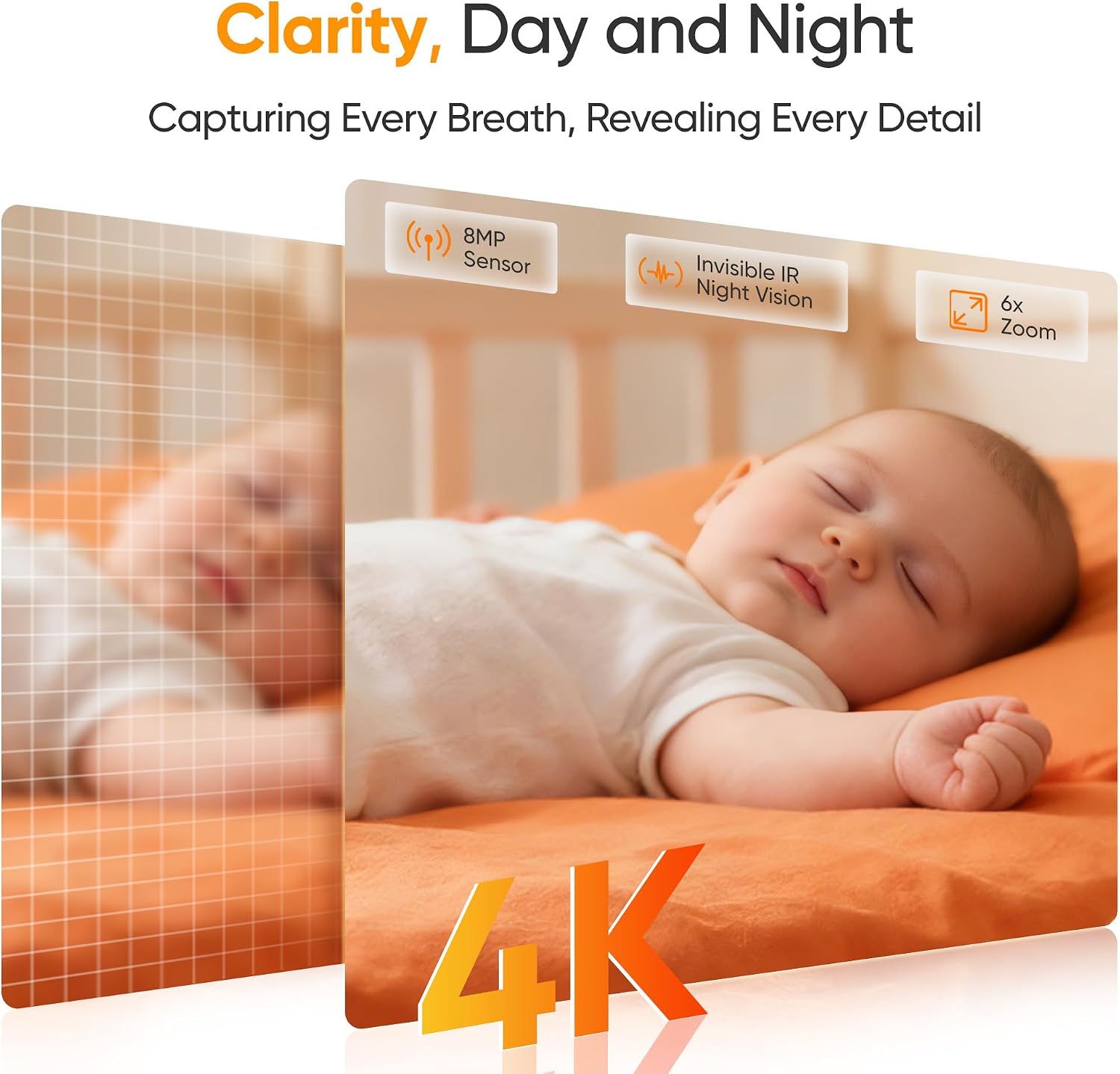 Smart Baby Monitor with 4K HD Camera, Night Vision, Motion & Sound Detection, Two-Way Audio, Mobile App Remote Viewing, Secure Local Storage for Nursery Monitoring