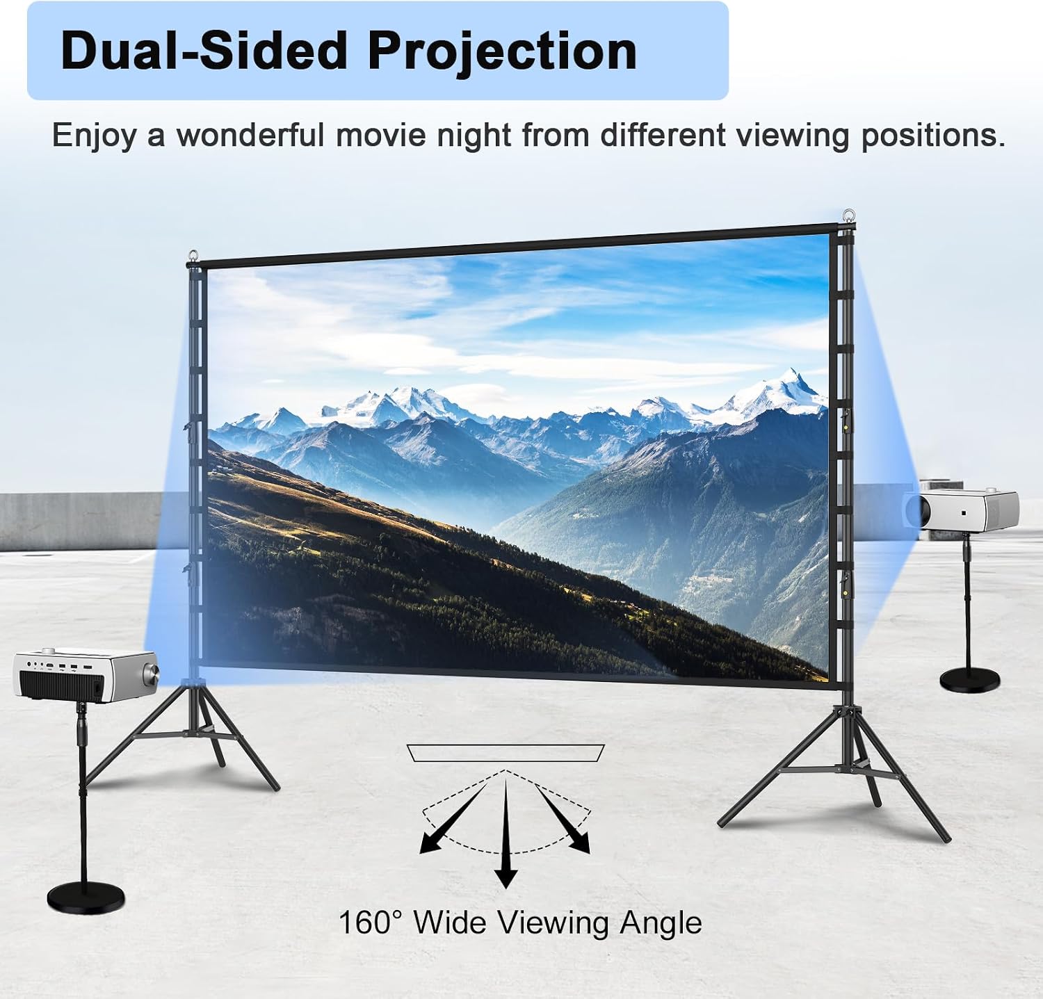 200 Inch Portable Projection Screen with Stand, Dual-Sided HD Display, Wrinkle-Resistant Screen, Quick Setup Frame, Indoor Outdoor Movie Screen for Home Theater, Camping and Events