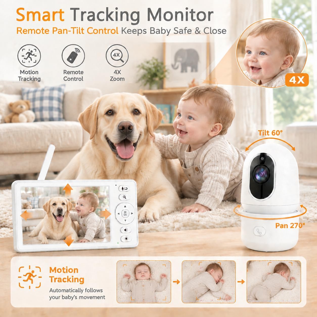 Smart Baby Monitor with Camera and Audio, 5 Inch HD Display, Remote Pan Tilt Zoom, Night Vision, Two-Way Talk, Temperature Monitoring, Secure Wireless Connection for Nursery Monitoring