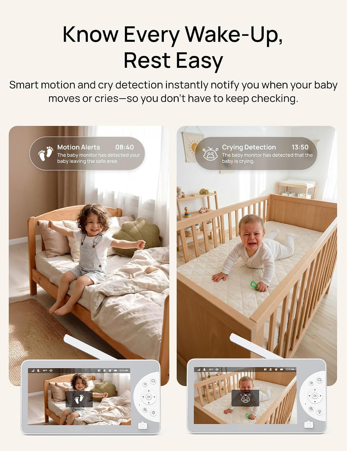 Smart Baby Monitor with 2K Camera, 5 Inch HD Display, Pan Tilt Zoom, Night Vision, Motion Detection, Two-Way Audio, Temperature Monitoring, Remote App Access for Nursery Monitoring