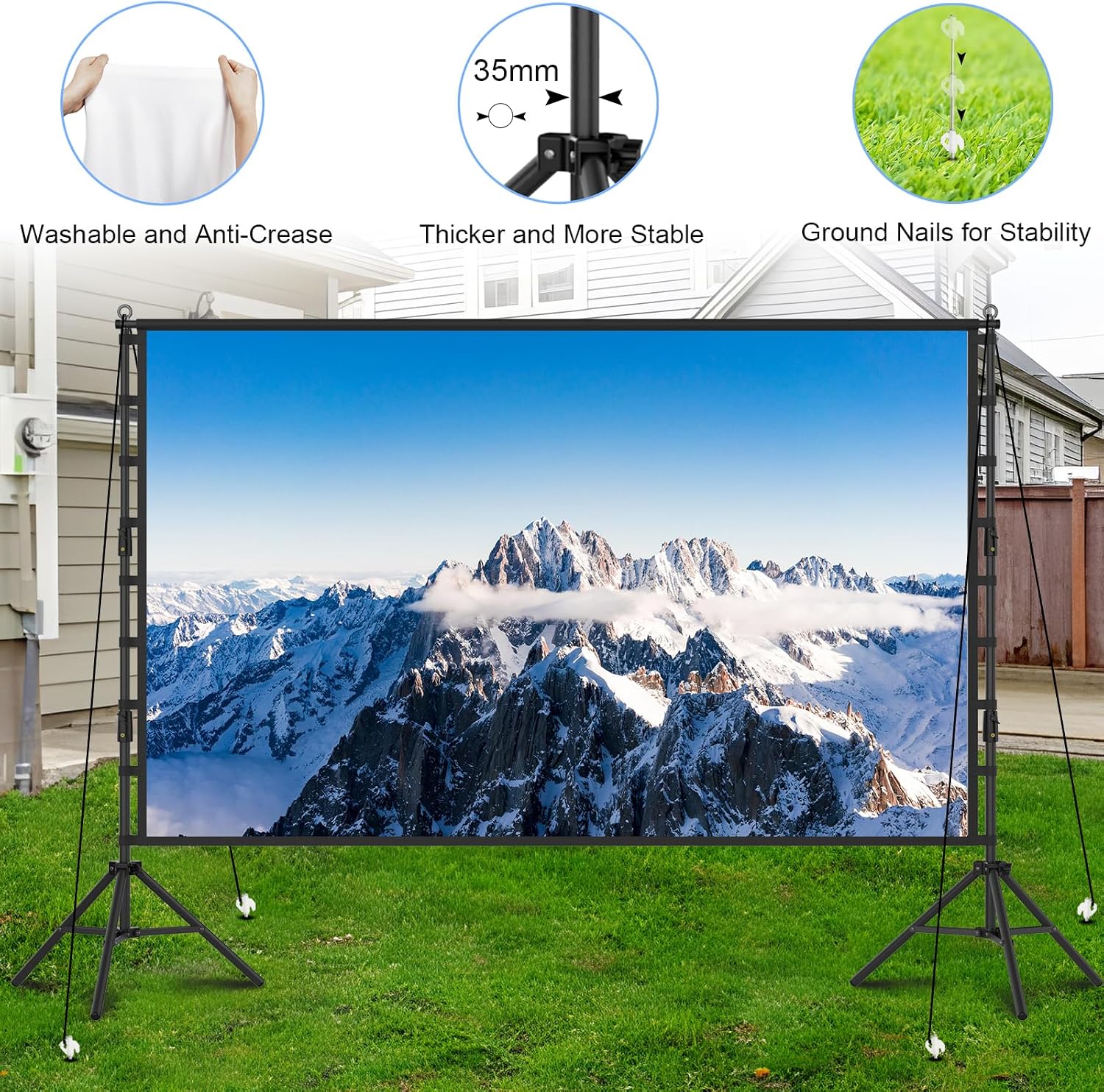 200 Inch Portable Projection Screen with Stand, Dual-Sided HD Display, Wrinkle-Resistant Screen, Quick Setup Frame, Indoor Outdoor Movie Screen for Home Theater, Camping and Events