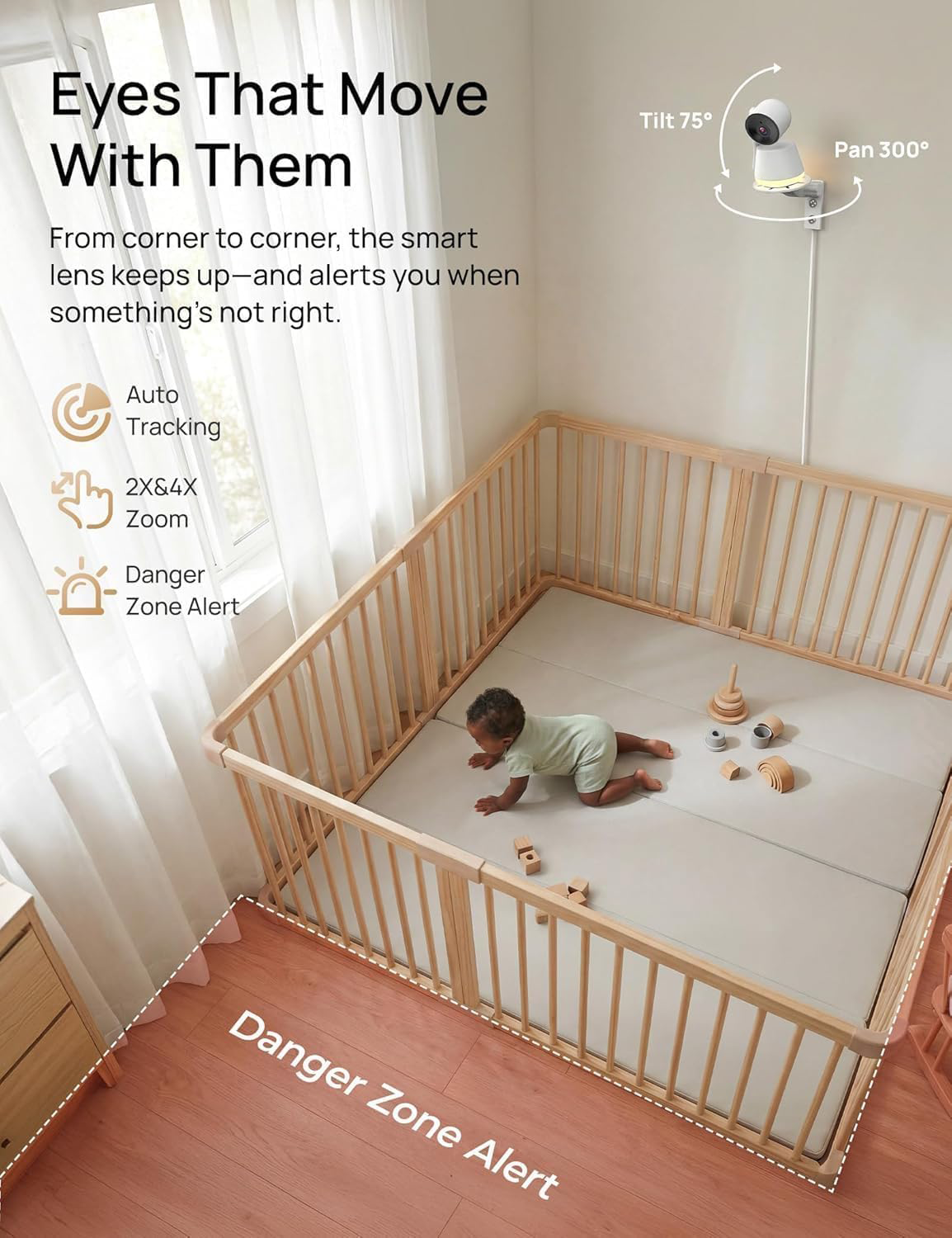 Smart Baby Monitor with 2K Camera, 5 Inch HD Display, Pan Tilt Zoom, Night Vision, Motion Detection, Two-Way Audio, Temperature Monitoring, Remote App Access for Nursery Monitoring