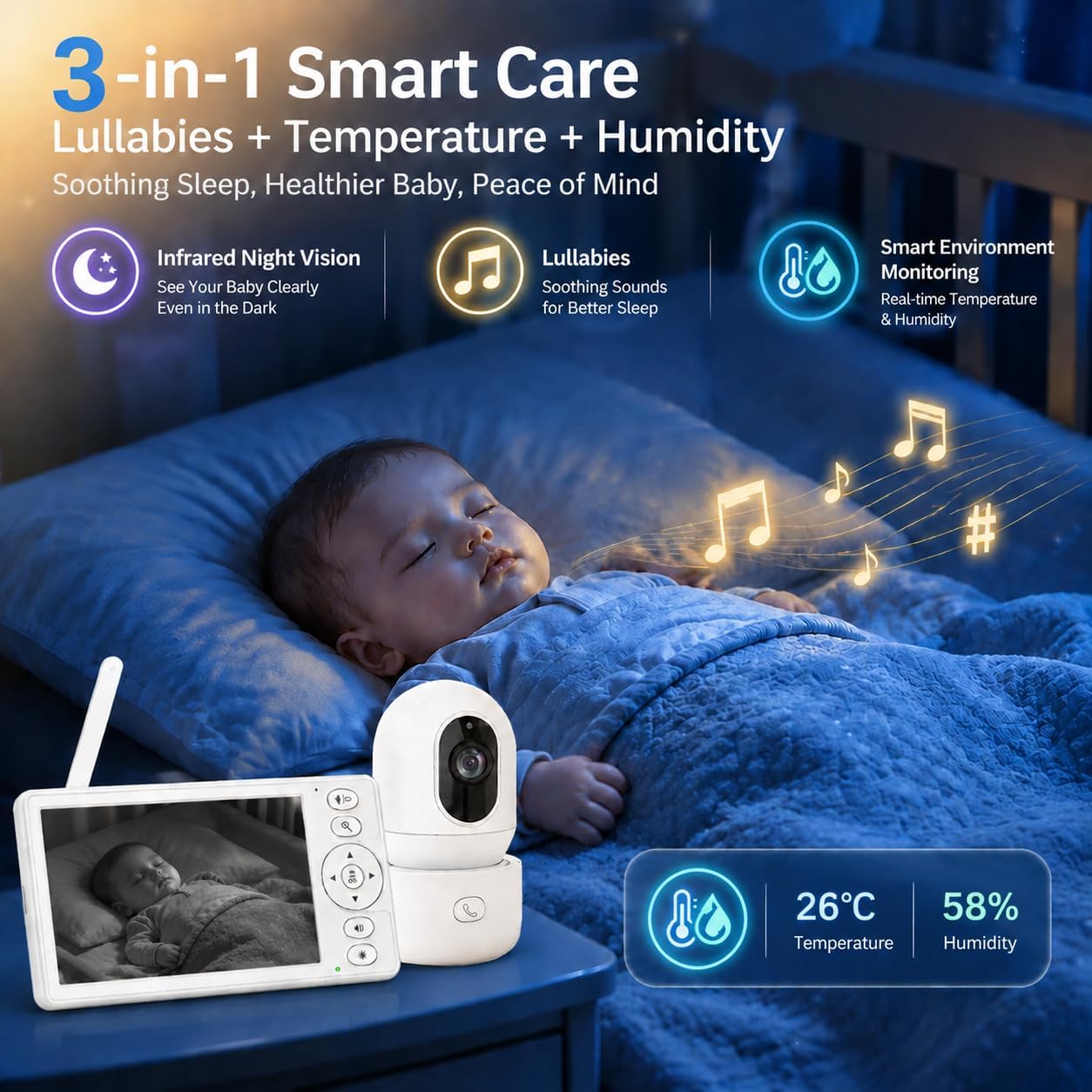 Smart Baby Monitor with Camera and Audio, 5 Inch HD Display, Remote Pan Tilt Zoom, Night Vision, Two-Way Talk, Temperature Monitoring, Secure Wireless Connection for Nursery Monitoring