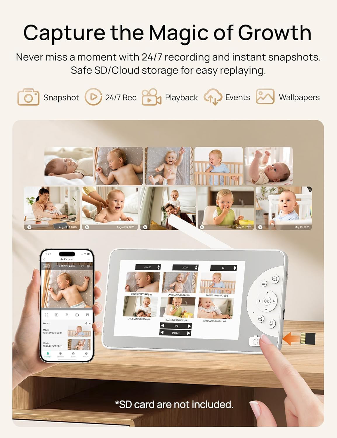 Smart Baby Monitor with 2K Camera, 5 Inch HD Display, Pan Tilt Zoom, Night Vision, Motion Detection, Two-Way Audio, Temperature Monitoring, Remote App Access for Nursery Monitoring