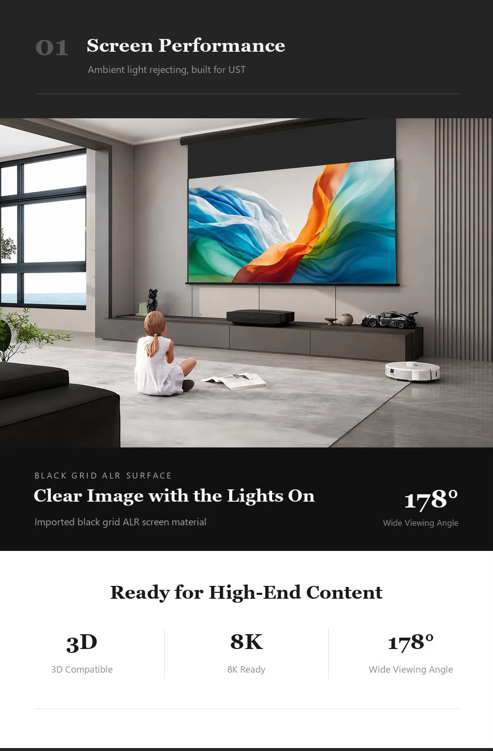 110 Inch Motorized Projection Screen, Ambient Light Rejecting Display, Electric Retractable Design, Tensioned Viewing Surface, Remote Control, Wall & Ceiling Installation for Home Theater and Conference Room