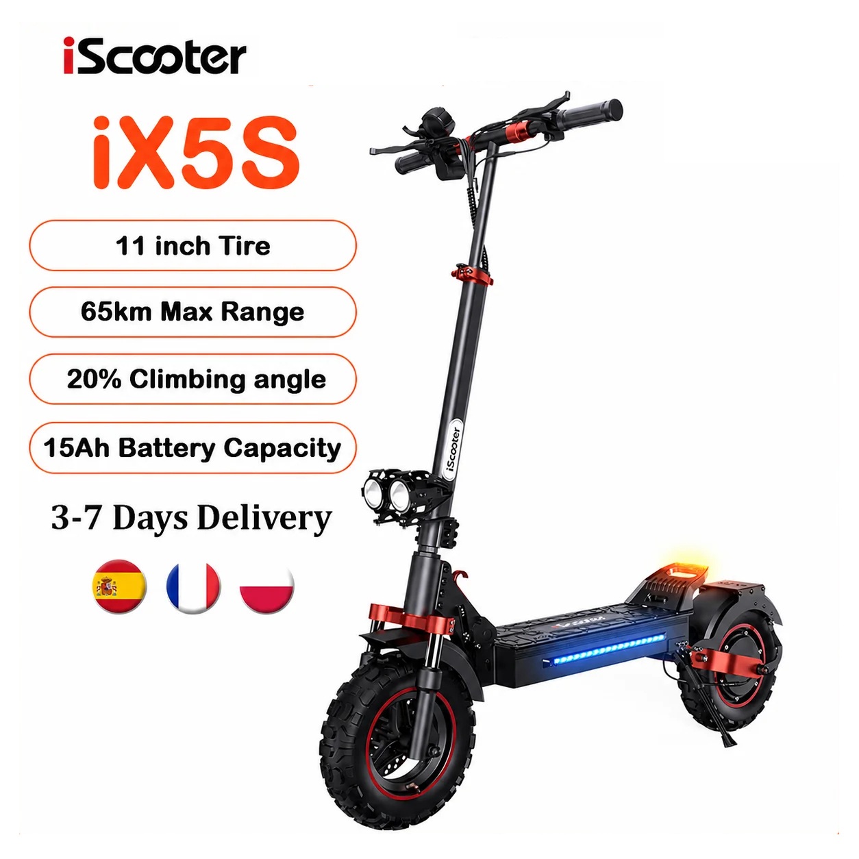 Patinete Eléctrico iScooter IX5S Todoterreno 11 Pulgadas 48V 15Ah 1000W Tracción Trasera Velocidad Máx 45 km/h Autonomía 65 km Plegable