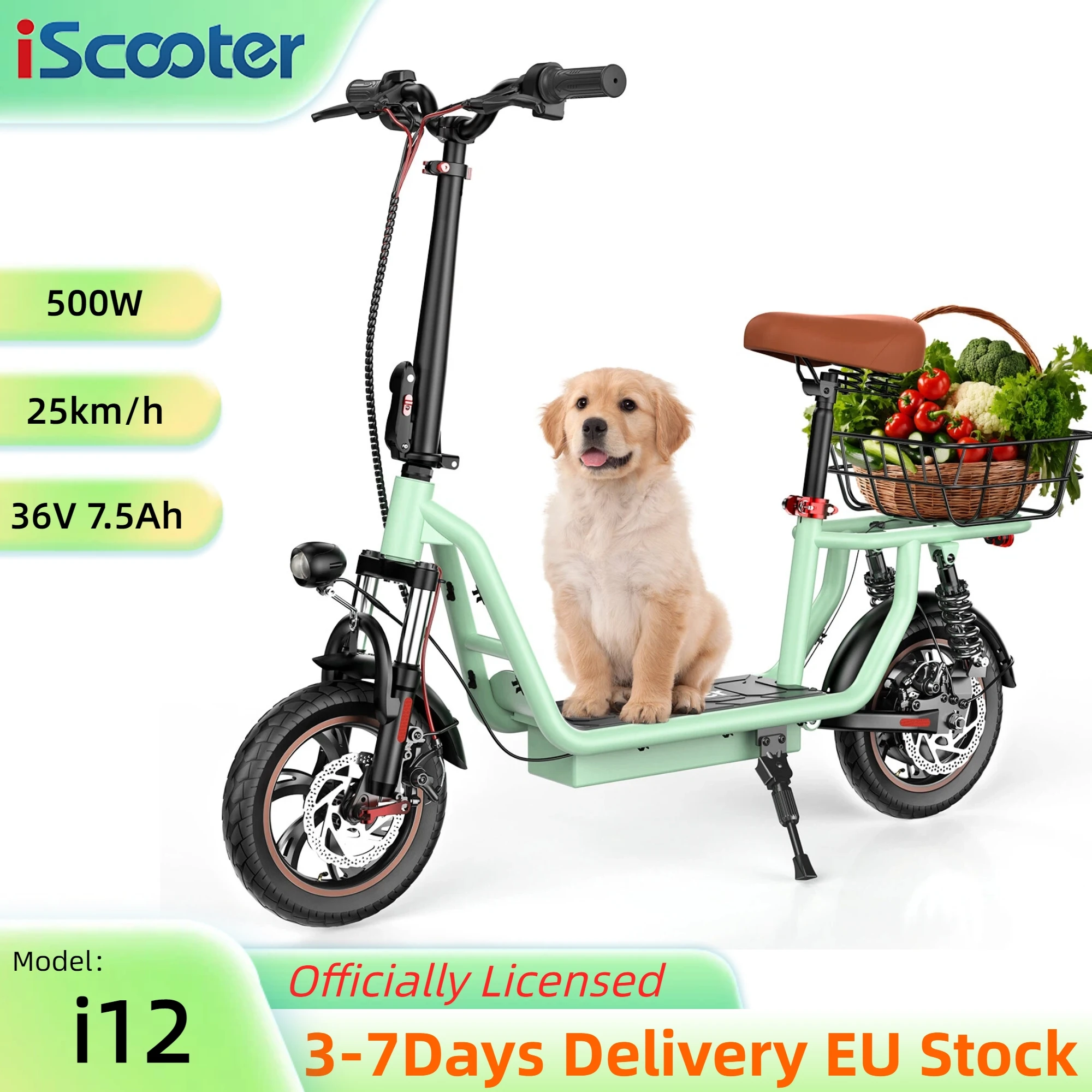 Patinete Eléctrico iScooter i12 500W 25km/h con Asiento y Cesta