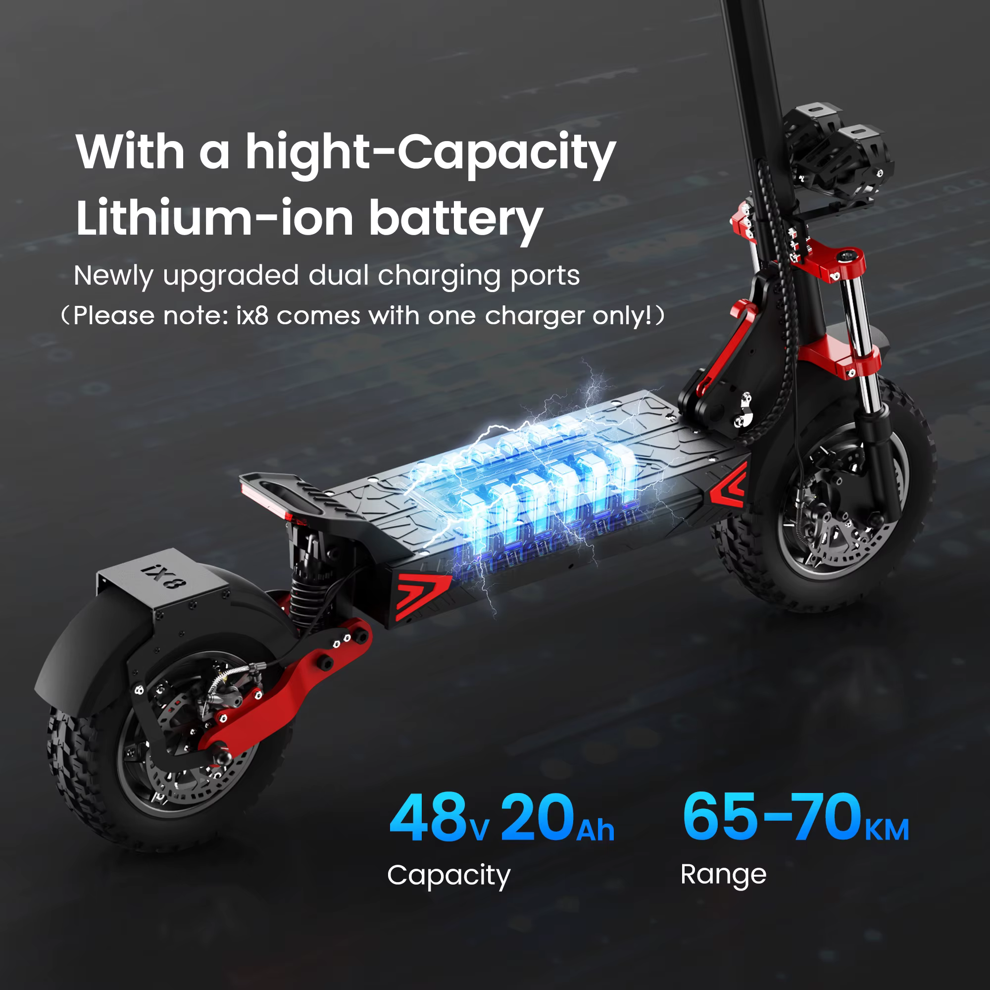 Patinete Eléctrico IScooter IX8, Neumático Off-road de 12'', Motor 1200W*2, Batería 48V20AH, 60Km/H, Autonomía 70KM, Frenos de Disco Dobles