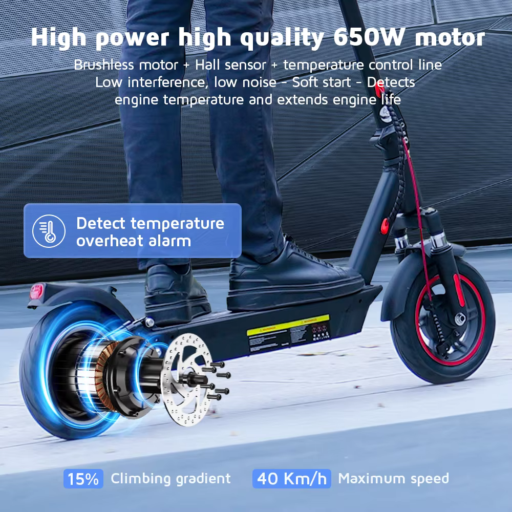 Patinete eléctrico iScooter i10 con motor de 650 W, batería de 42 V y 15 Ah, velocidad máxima de 40 km/h, plegable, ruedas de carretera de 10 pulgadas, ligero para desplazamientos urbanos, con APP
