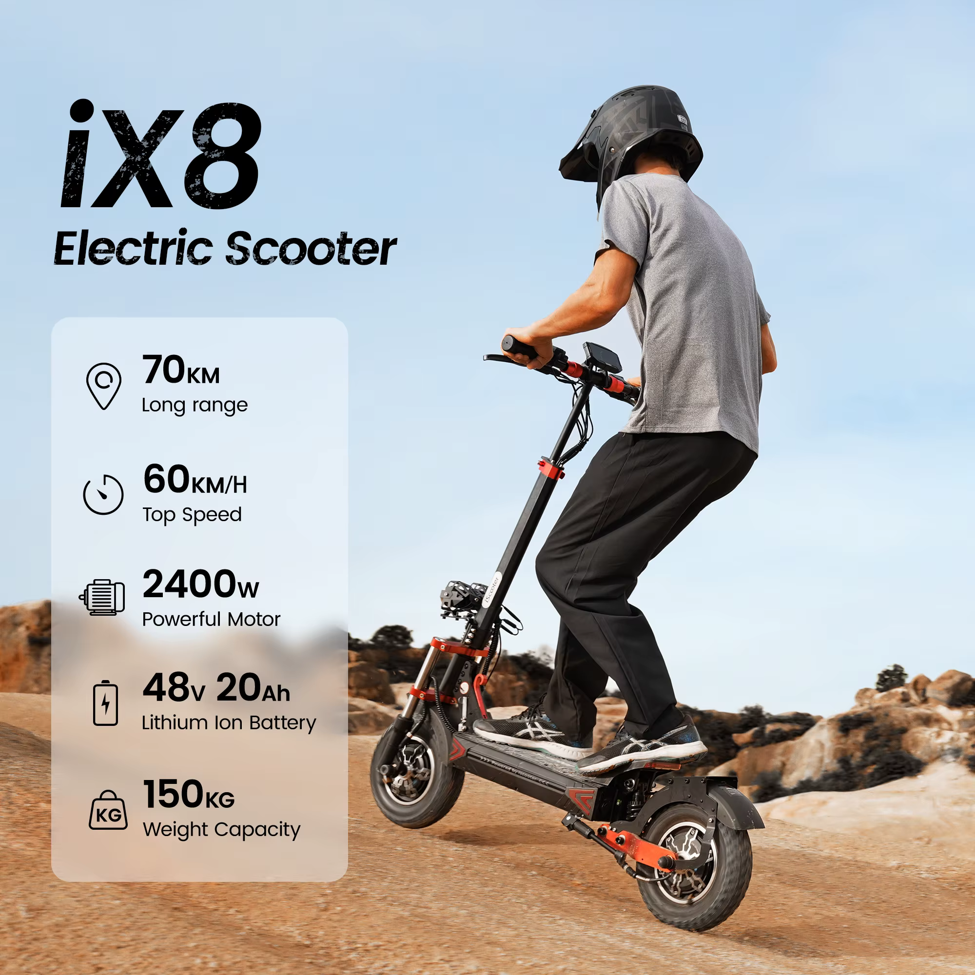 Patinete Eléctrico IScooter IX8, Neumático Off-road de 12'', Motor 1200W*2, Batería 48V20AH, 60Km/H, Autonomía 70KM, Frenos de Disco Dobles