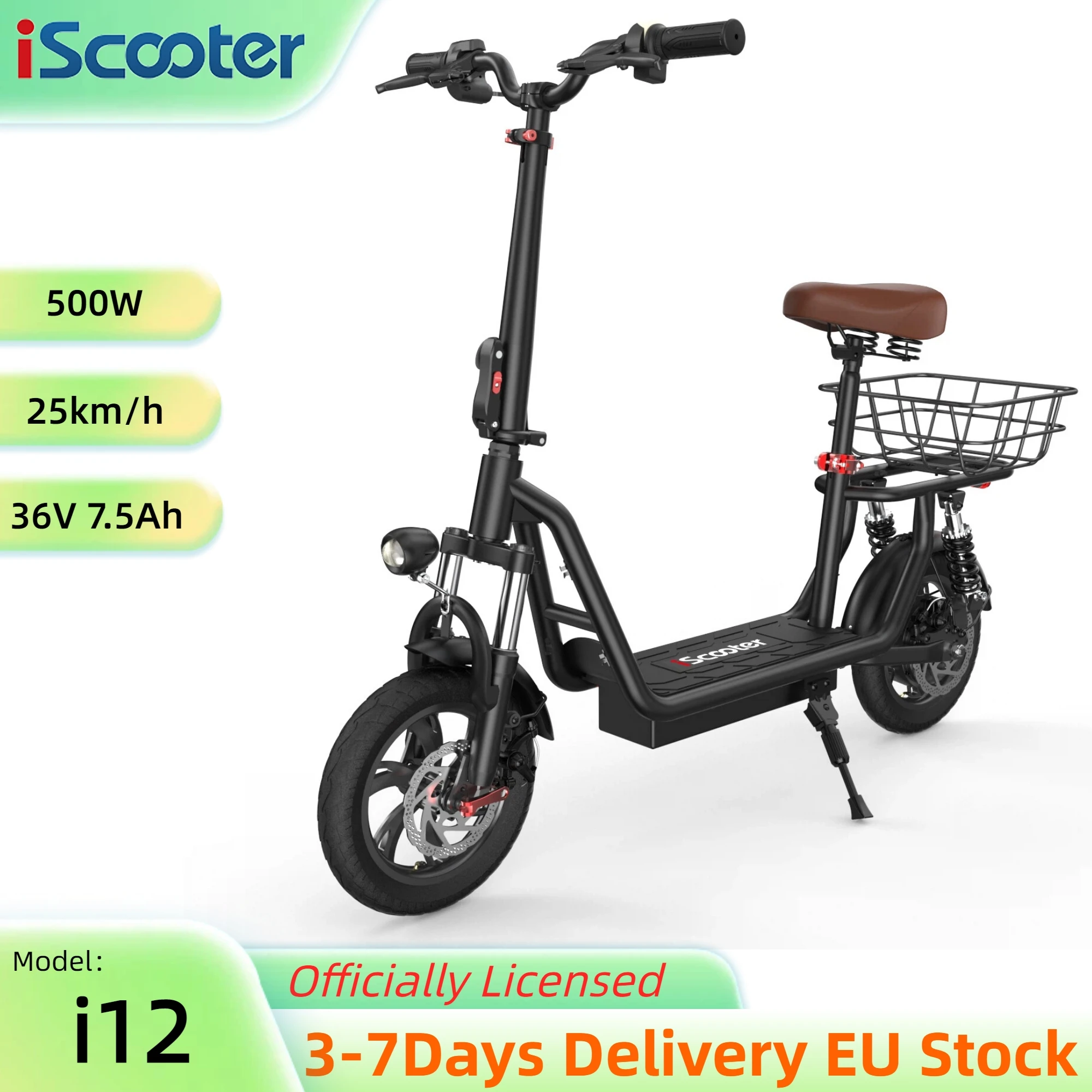 Patinete Eléctrico iScooter i12 500W 25km/h con Asiento y Cesta