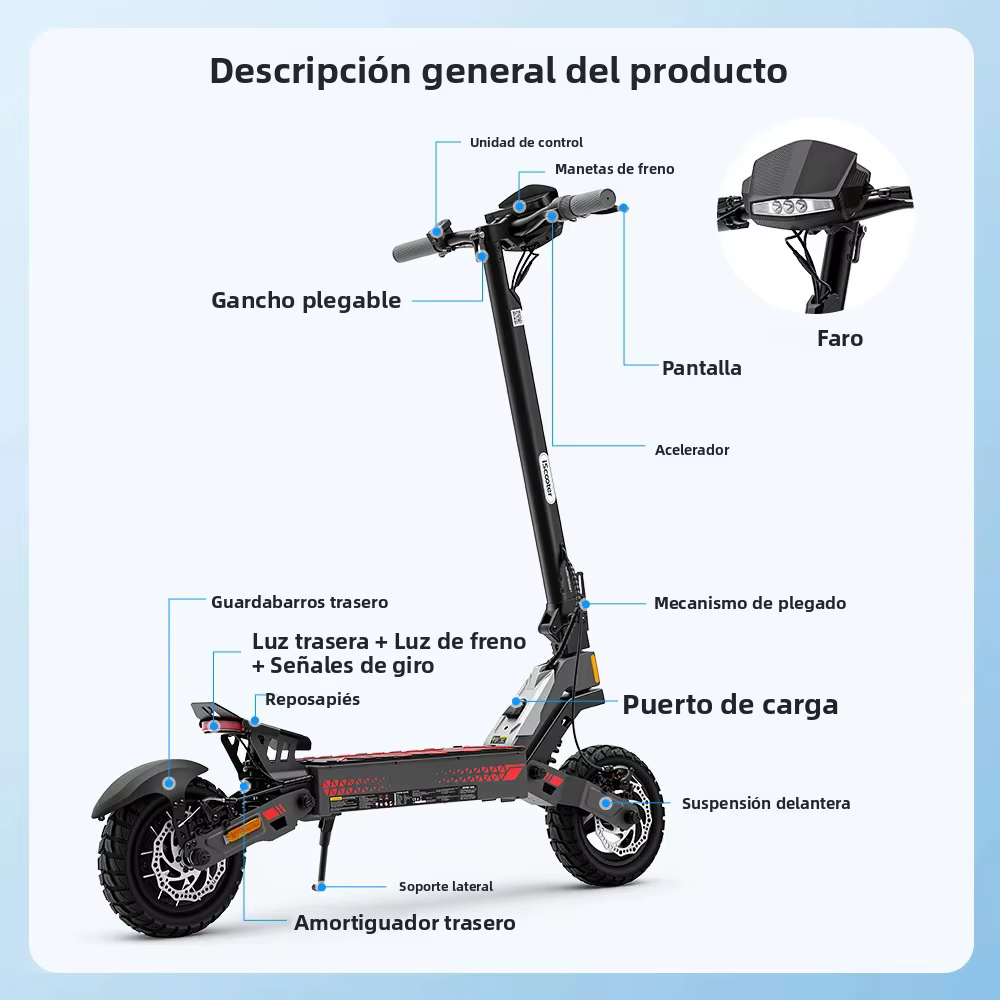 Patinete Eléctrico iScooter D1 con Neumático Todoterreno de 10 Pulgadas, Tracción Trasera, para Adultos, 48V 10Ah, 40 km de Autonomía, Control de Cuatro Velocidades, Plegable