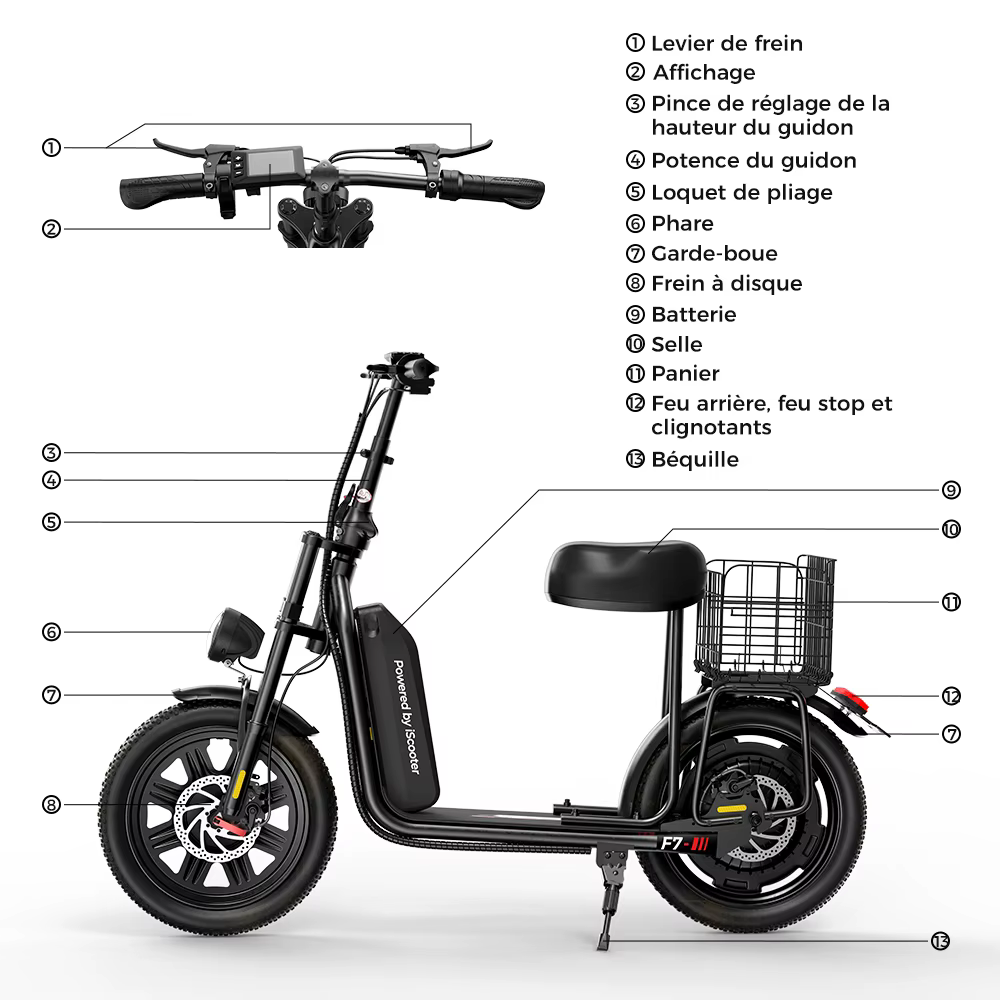 Patinete Eléctrico iScooter F7 48V 1000W 45km/h Autonomía Máx 72km Control por App Ruedas Todoterreno 16" Plegable con Cesta Trasera