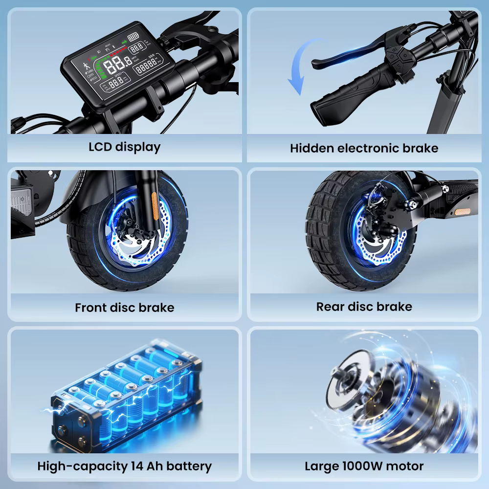 Patinete Eléctrico iScooter W9, 10 Pulgadas, 48V 14Ah, Autonomía 35-45 km, Velocidad Máxima 45 km/h, Neumáticos Off Road, Tracción Trasera, Doble Freno de Disco, EScooter