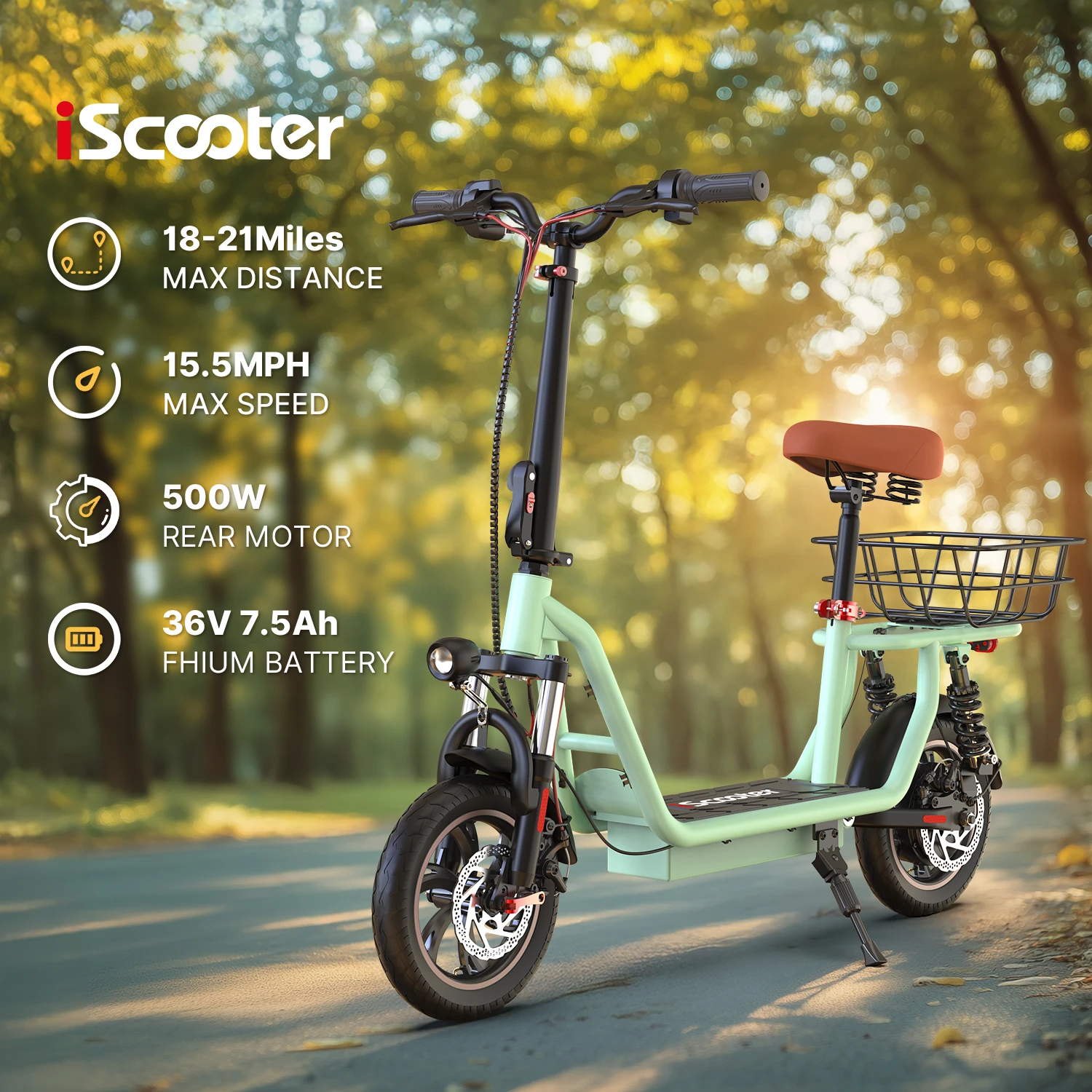 IScooter I-12: Bicicleta Eléctrica 500W con Asiento y Cesta
