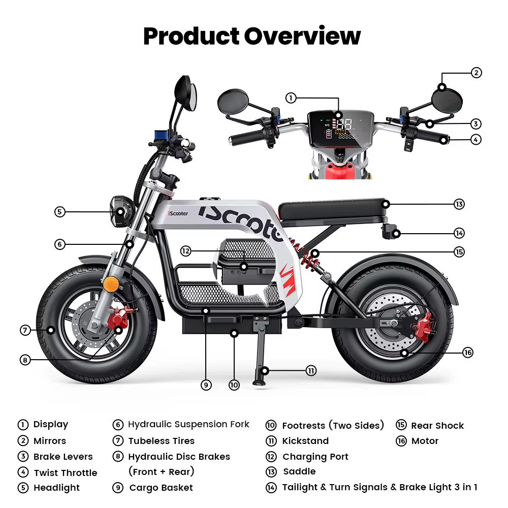 Patinete Eléctrico iScooter 17 Pulgadas, Motor Potente 2000W, Moto Eléctrica 60 km/h con TCS, Todoterreno, Batería 20Ah, Autonomía 90–100 km, Adultos, E-Moto con NFC