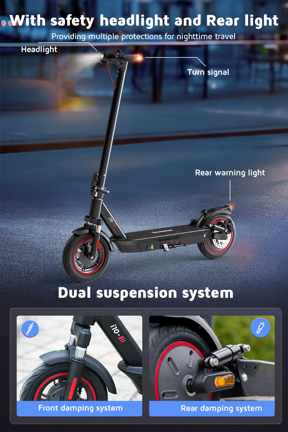 Patinete eléctrico iScooter i10 con motor de 650 W, batería de 42 V y 15 Ah, velocidad máxima de 40 km/h, plegable, ruedas de carretera de 10 pulgadas, ligero para desplazamientos urbanos, con APP