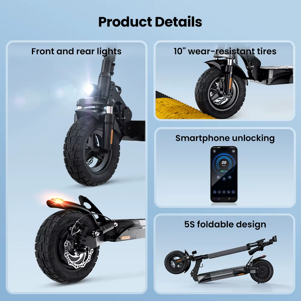 Patinete Eléctrico iScooter W9, 10 Pulgadas, 48V 14Ah, Autonomía 35-45 km, Velocidad Máxima 45 km/h, Neumáticos Off Road, Tracción Trasera, Doble Freno de Disco, EScooter