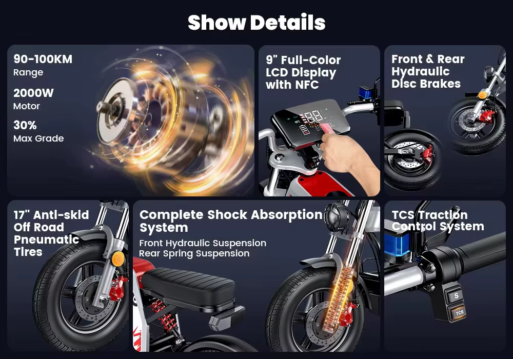 Patinete Eléctrico iScooter 17 Pulgadas, Motor Potente 2000W, Moto Eléctrica 60 km/h con TCS, Todoterreno, Batería 20Ah, Autonomía 90–100 km, Adultos, E-Moto con NFC