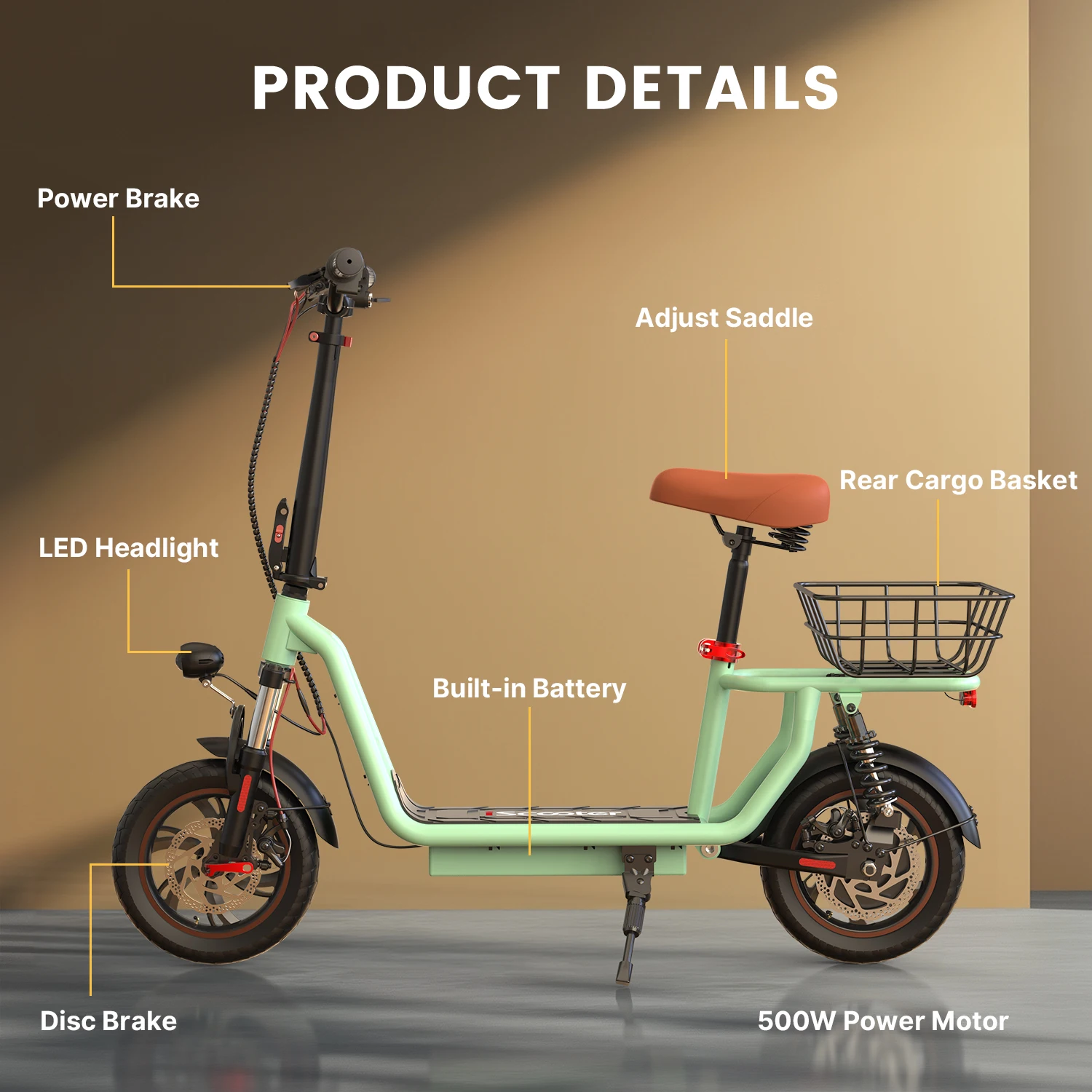 IScooter I-12: Bicicleta Eléctrica 500W con Asiento y Cesta