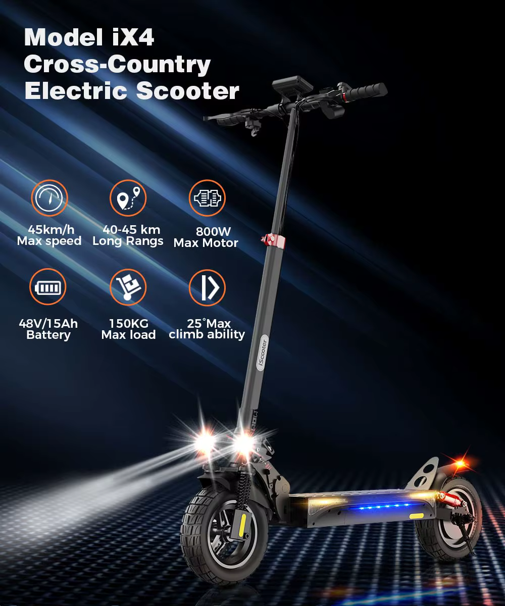 Patinete Eléctrico IScooter IX4, 10 Pulgadas, 800W, 48V 15AH, Máx 45 km/h, Autonomía 45 km, Suspensión Dual, IPX4, Luz LED, Triple Freno, Adultos
