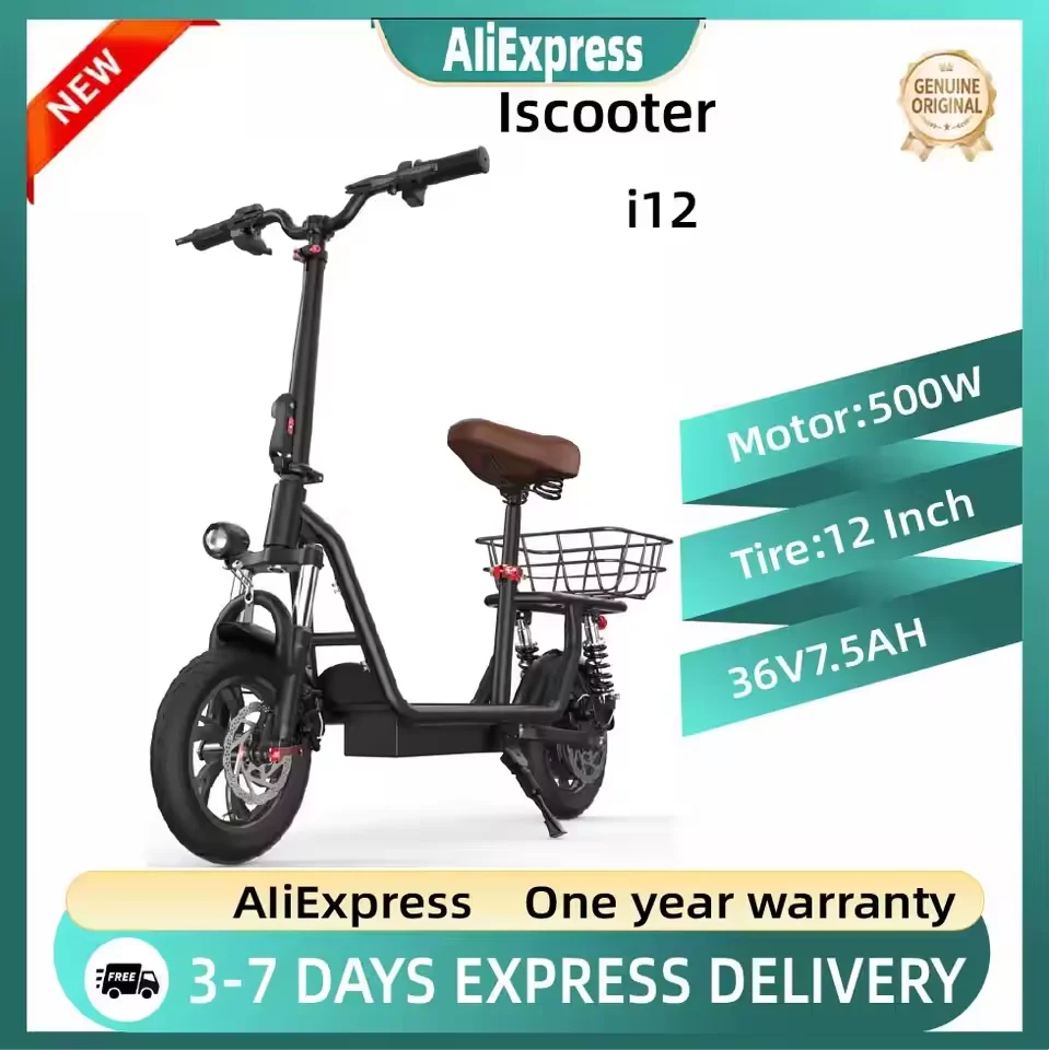 IScooter I-12: Bicicleta Eléctrica 500W con Asiento y Cesta