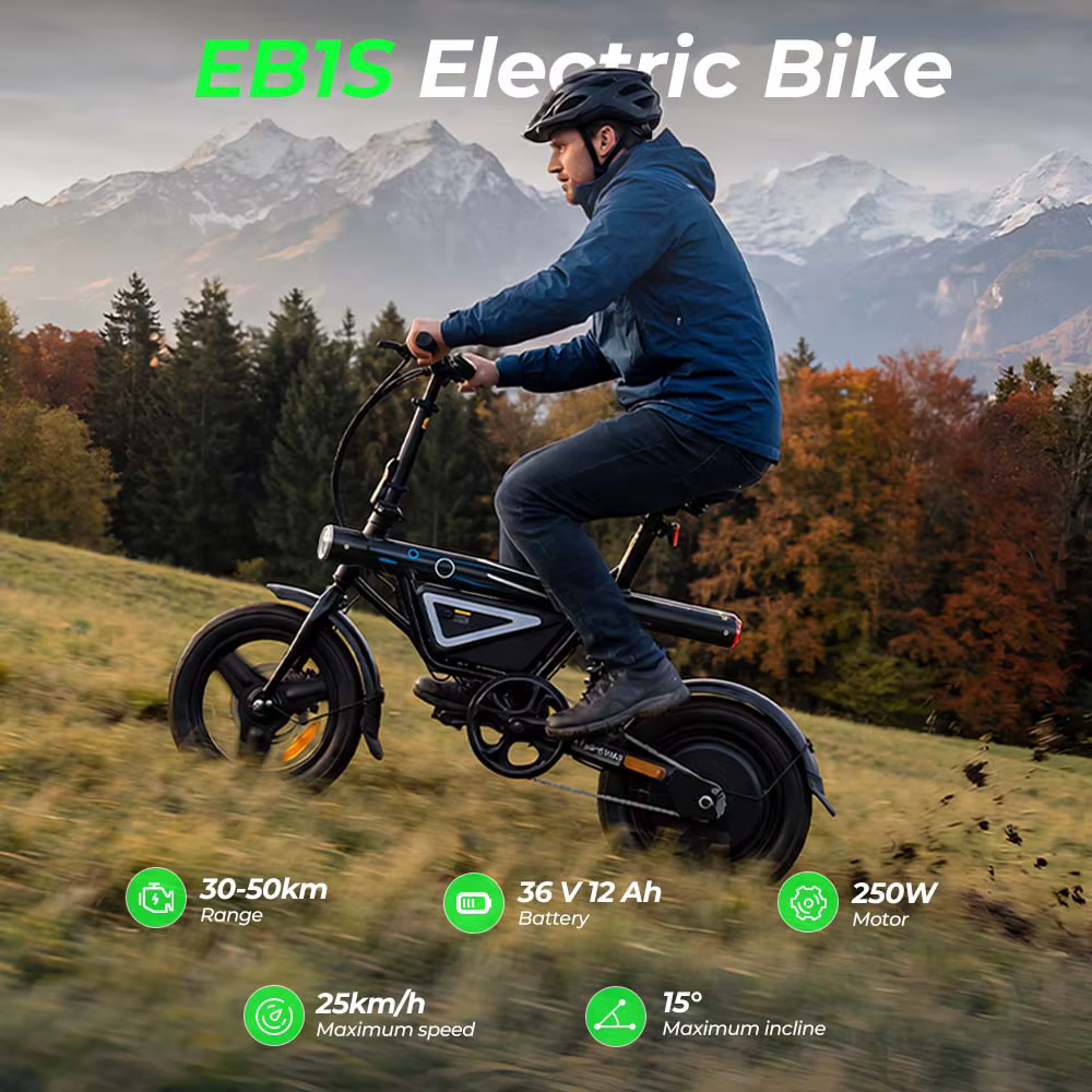 Bicicleta Eléctrica IScooter EB1S, Motor 250W, Batería de Litio 12AH, Autonomía 50Km, E-Bike Urbana con Ruedas de 14 Pulgadas Plegable para Adultos
