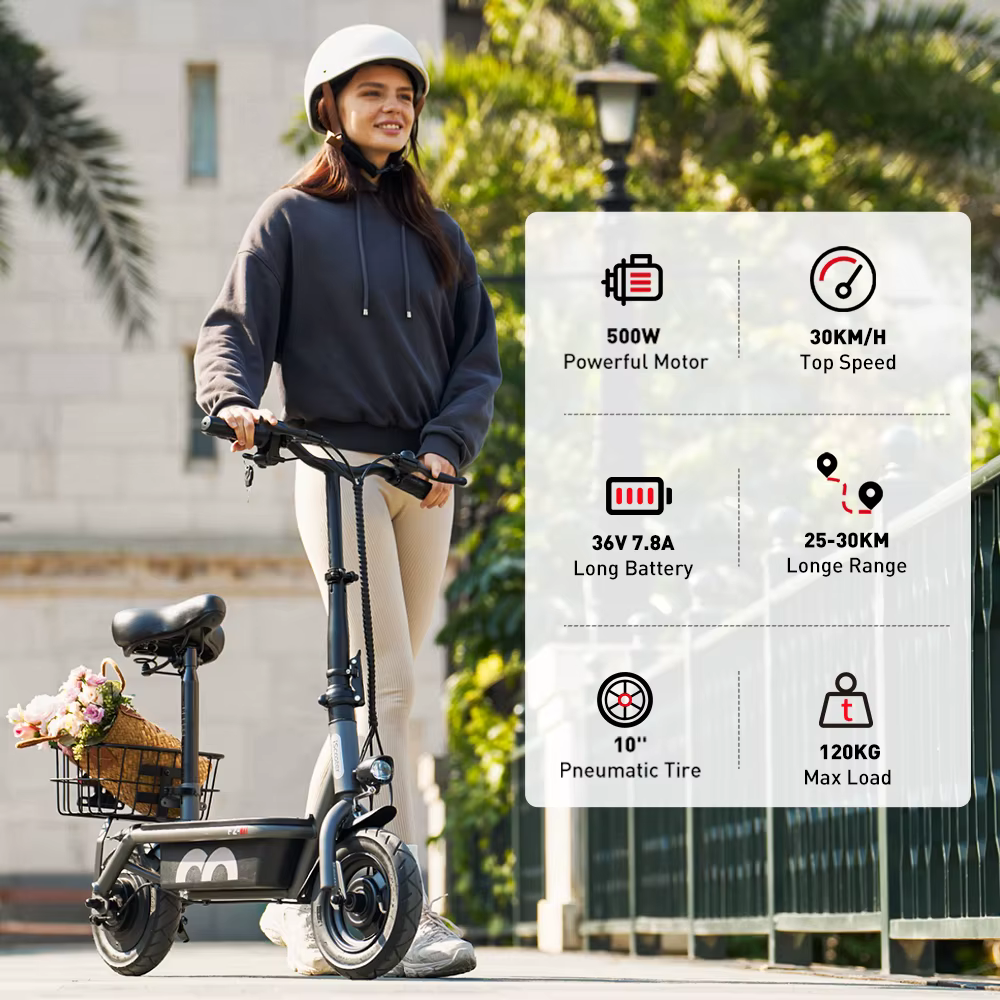 Patinete Eléctrico para Adultos iScooter F2 500W 30km/h Batería 36V 7.8Ah Autonomía 30KM Neumáticos Neumáticos de 10" Carga 120kg para Ciudad