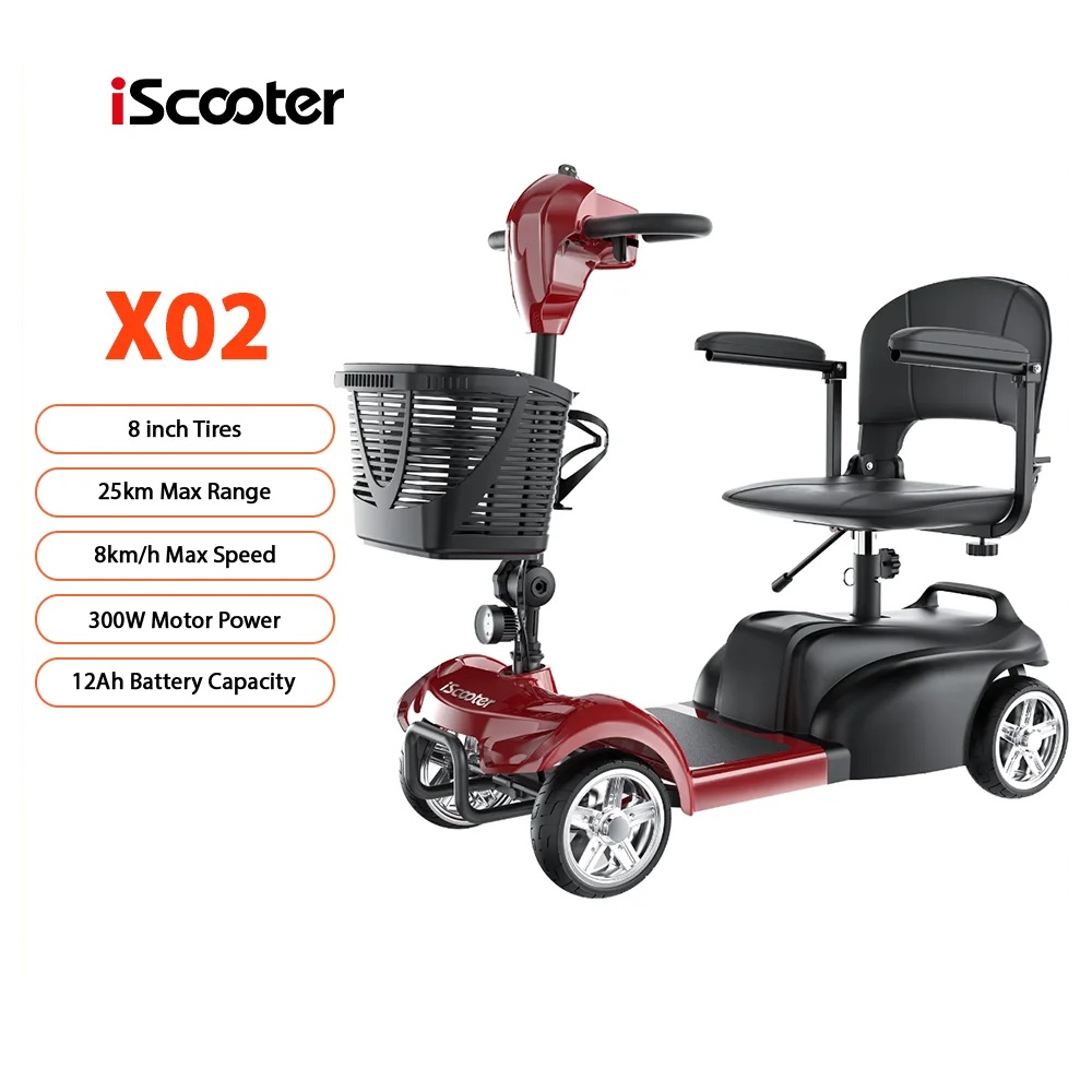 Patinete eléctrico iScooter X02-3 para movilidad de personas mayores, 300W, batería 12Ah, 4 ruedas plegable, autonomía 25 km, arranque con llave, 3 modos de velocidad
