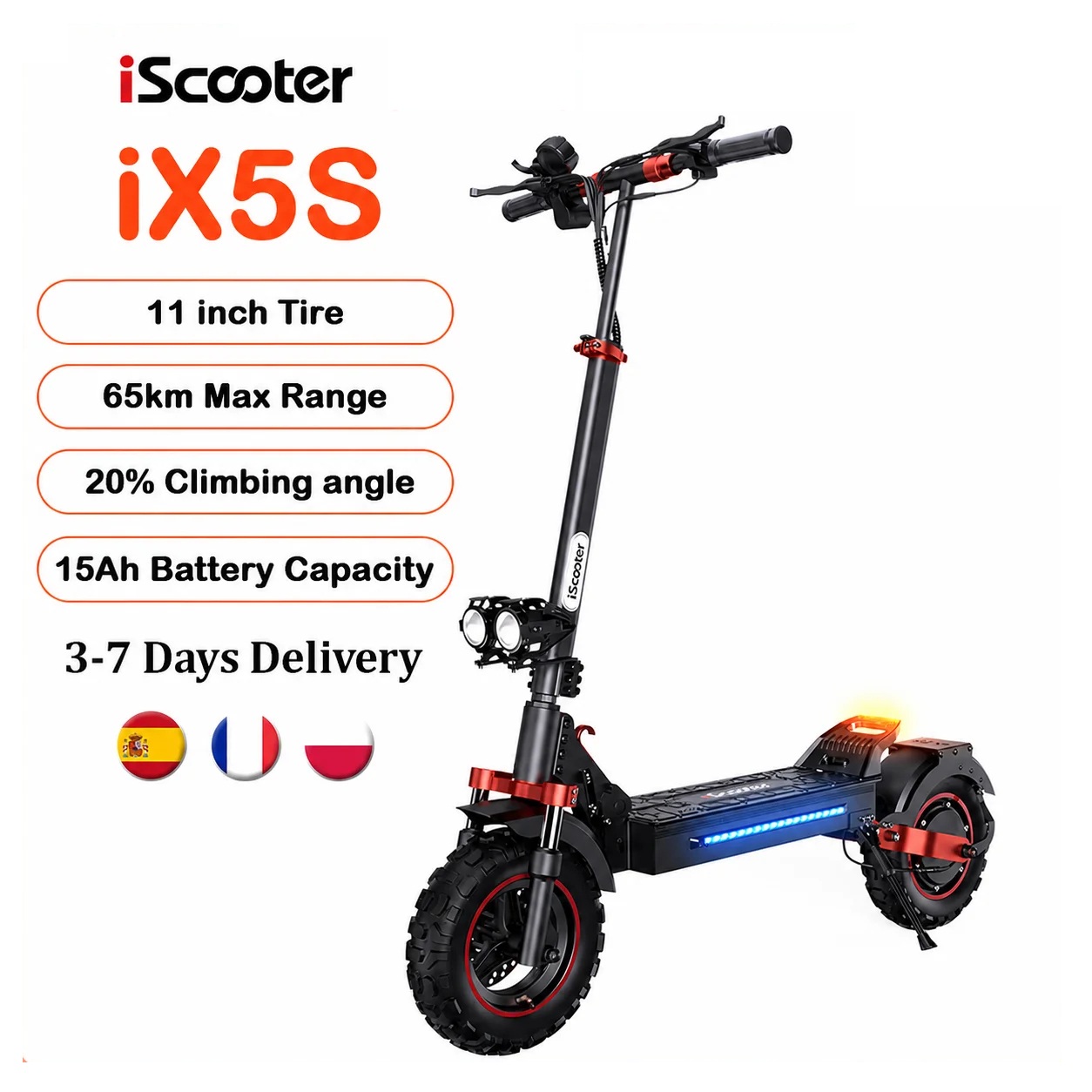 Patinete Eléctrico iScooter iX5s 15Ah 1000W Potente con Neumáticos Neumáticos Antideslizantes Off Road, 65 km de Autonomía y 45 km/h