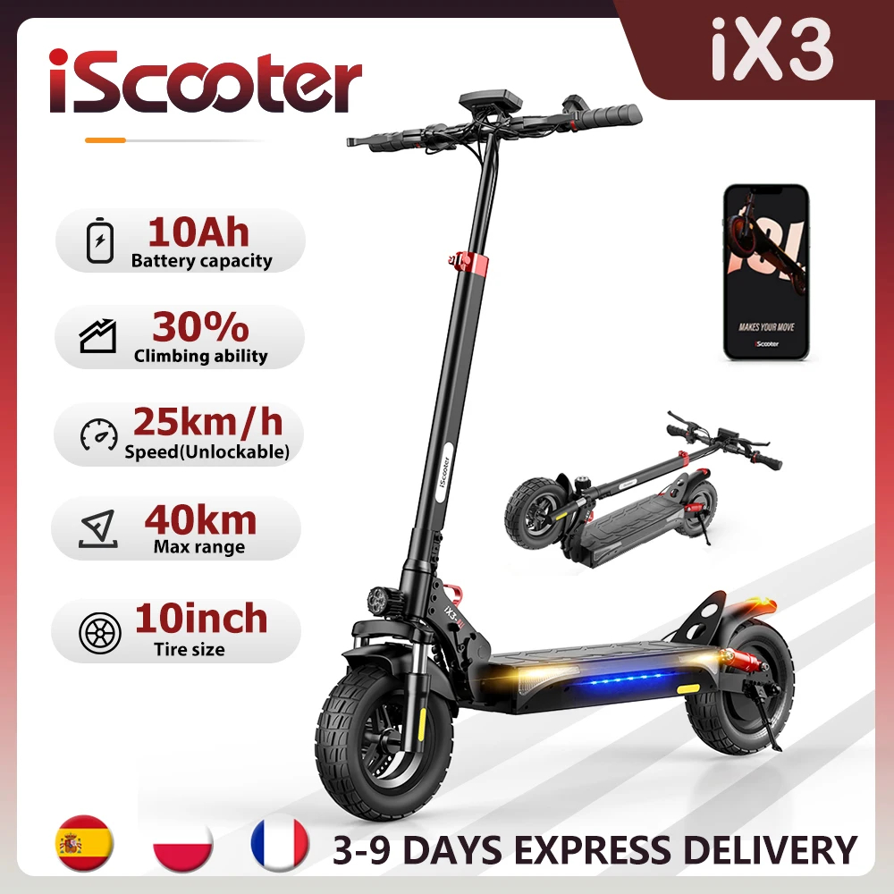Patinete Eléctrico iScooter iX3, 40 km de Autonomía, Neumático Off Road de 10 Pulgadas, 10 Ah, para Adultos