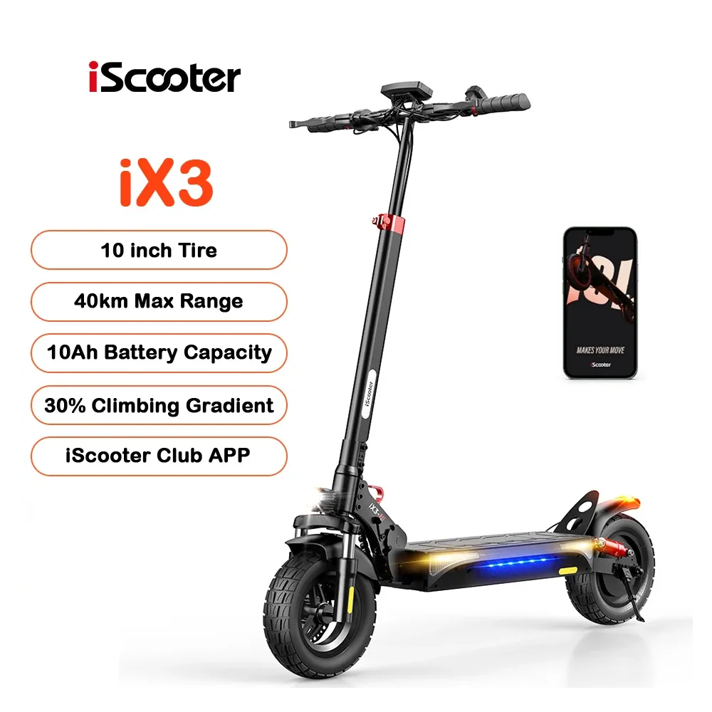 iScooter Patinete eléctrico para adultos iX3 W6 de 10 pulgadas (36 V, 10,5 Ah), compatible con la aplicación Voltix, autonomía máxima de 30 km