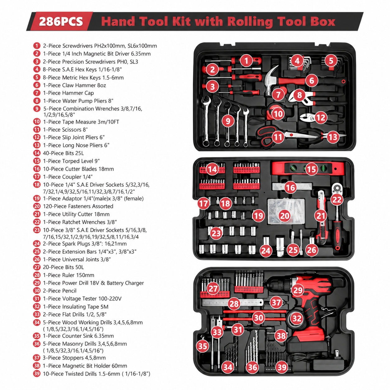 KingTool 286 PCS Home Tool Kit with Rolling Case 21V Drill